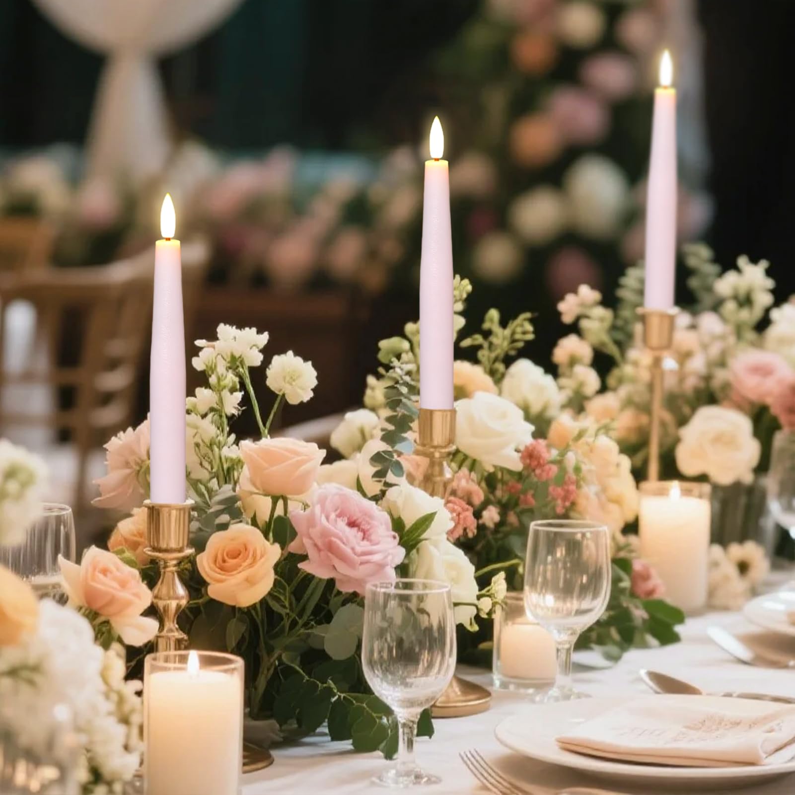 Candele coniche senza fiamma rosa, candele a LED tremolanti coniche a batteria con timer remoto, 4 candelieri senza fiamma per decorazioni primaverili per matrimoni e per la casa (D0,78 "x