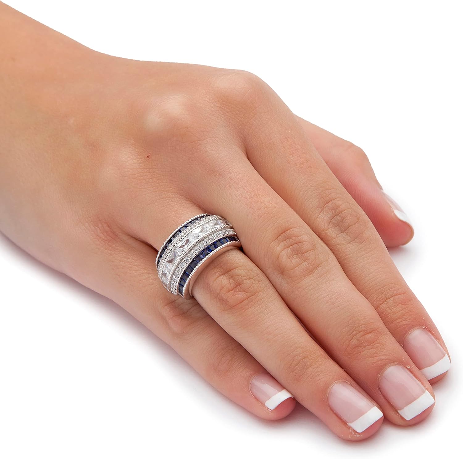 Palm Beach Jewelry PalmBeach Platinum-Plated Sterling Silver Emerald Cut Cubic Zirconia and Simulated Princess Green Emerald or Blue Sapphire Anniversary Ring Size 7 - Image 3