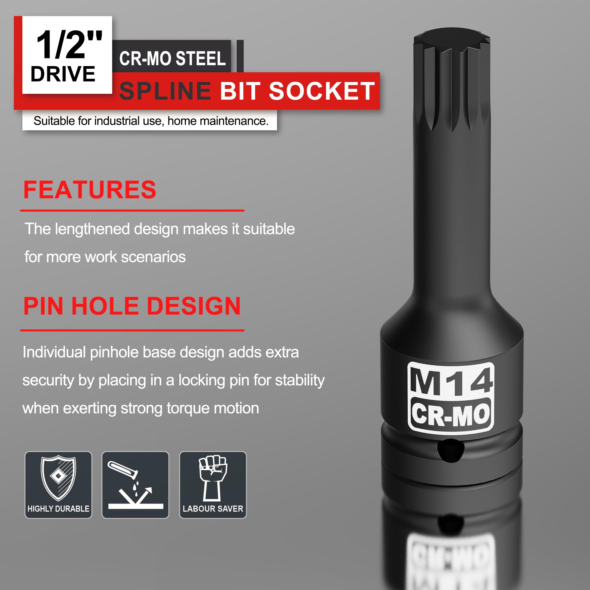 KIRXST Impact Triple Square Spline Bit Socket, 1/2" Drive M14 Spline Bit Socket, CR-MO Steel, 1/2" M14 Deep - Image 4