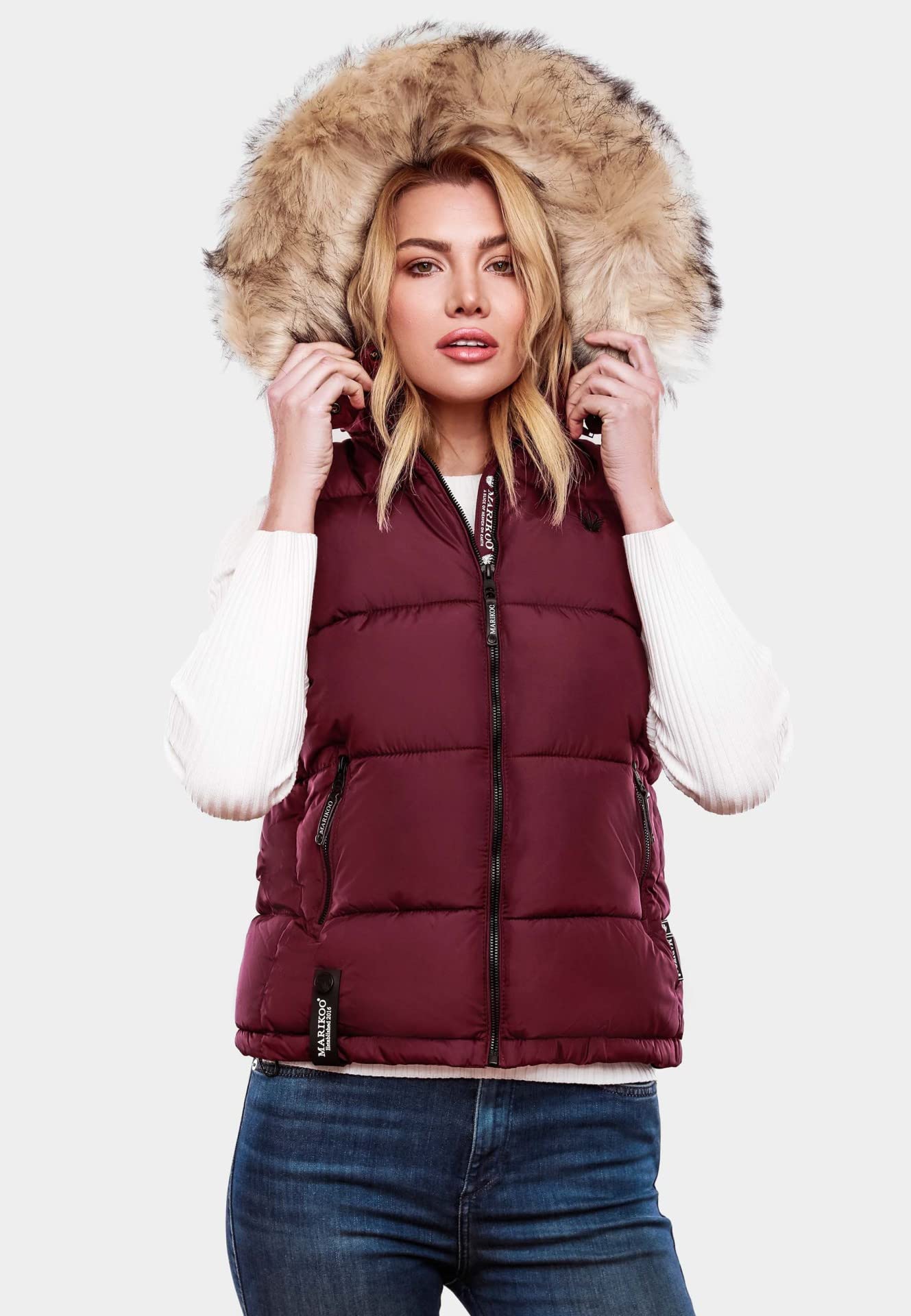 MARIKOO Damen Winter Weste Steppweste mit Kapuze und Fellkragen B896