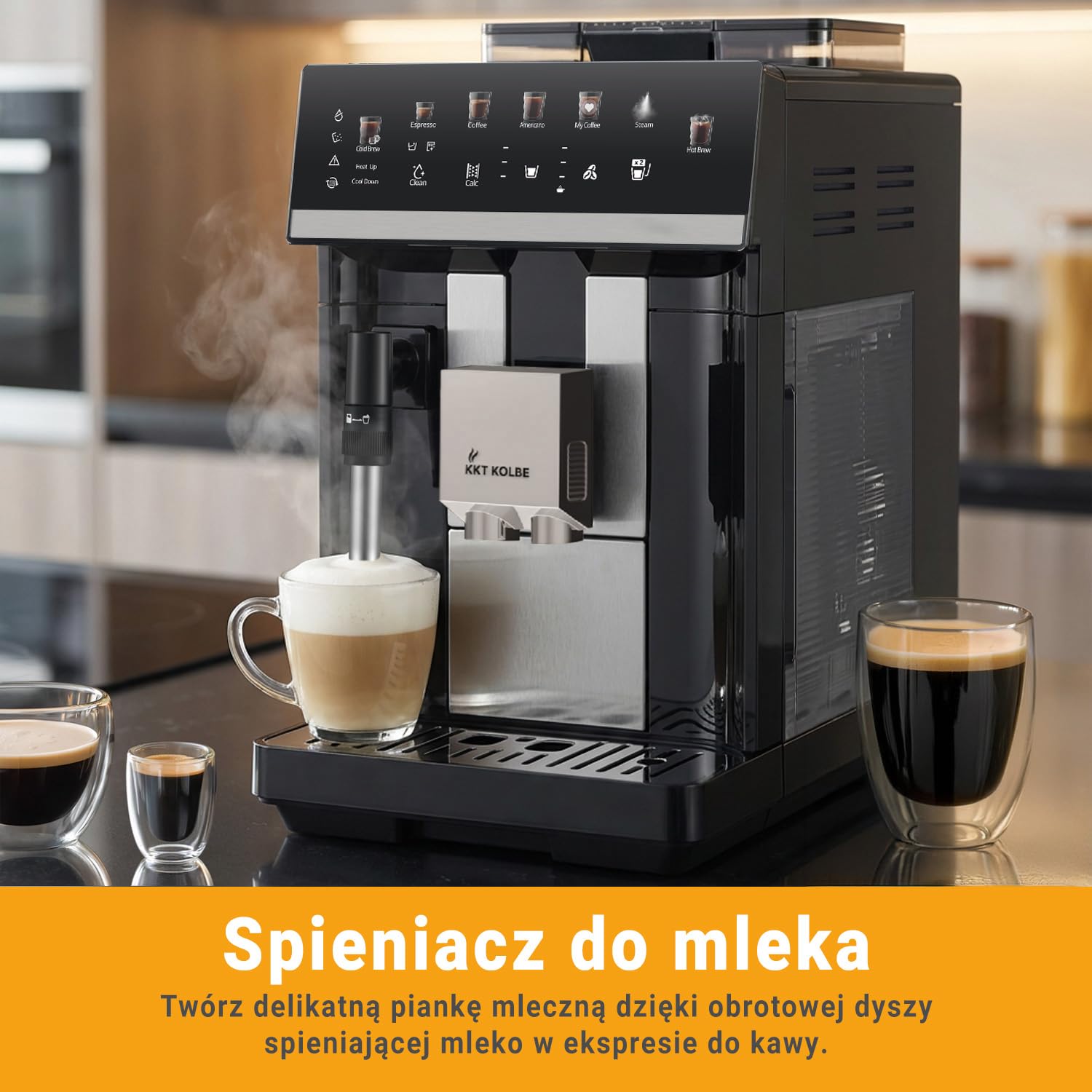 KKT KOLBE W pełni automatyczny ekspres do kawy z dyszą do spieniania mleka, ColdBrew i akcesoriami, funkcja 2 filiżanek, 15 bar, 7-stopniowy mechanizm mielący, ekran dotykowy, automatyczne czyszczenie
