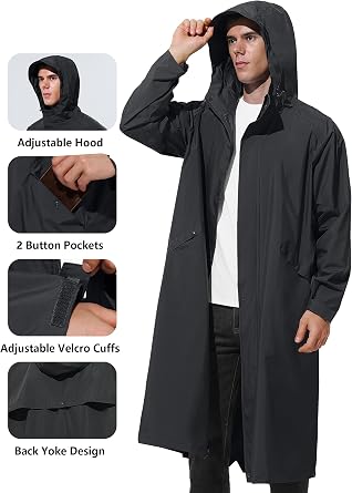 UIQUR Mens Long Raincoat Rain Poncho Waterproof Rain Jacket