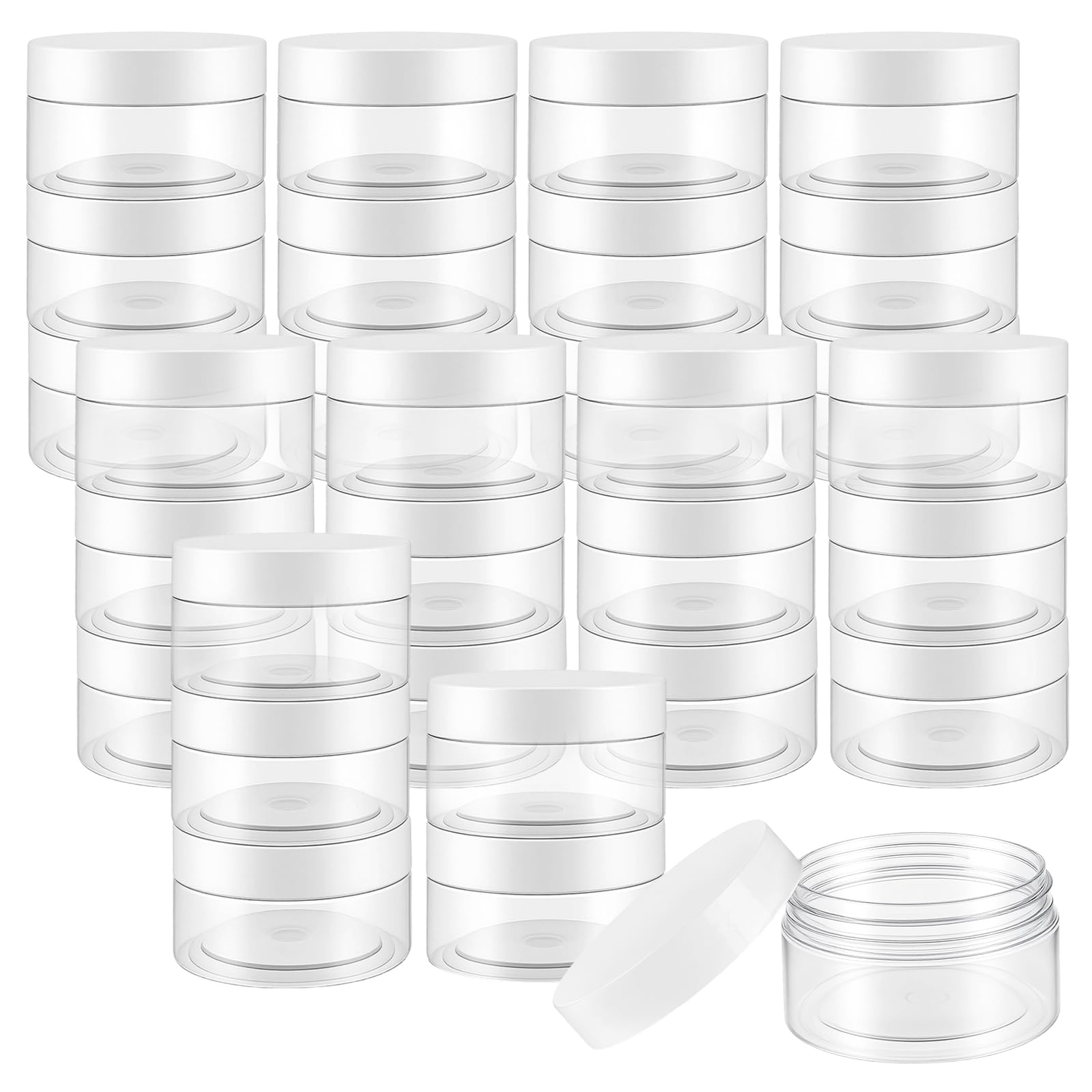 JAPCHET 30 Pack Clear Plastic Jars with White Lids, 100ml/3.5oz Wide Mouth Storage Containers for DIY Spices Nuts, 71x40mm