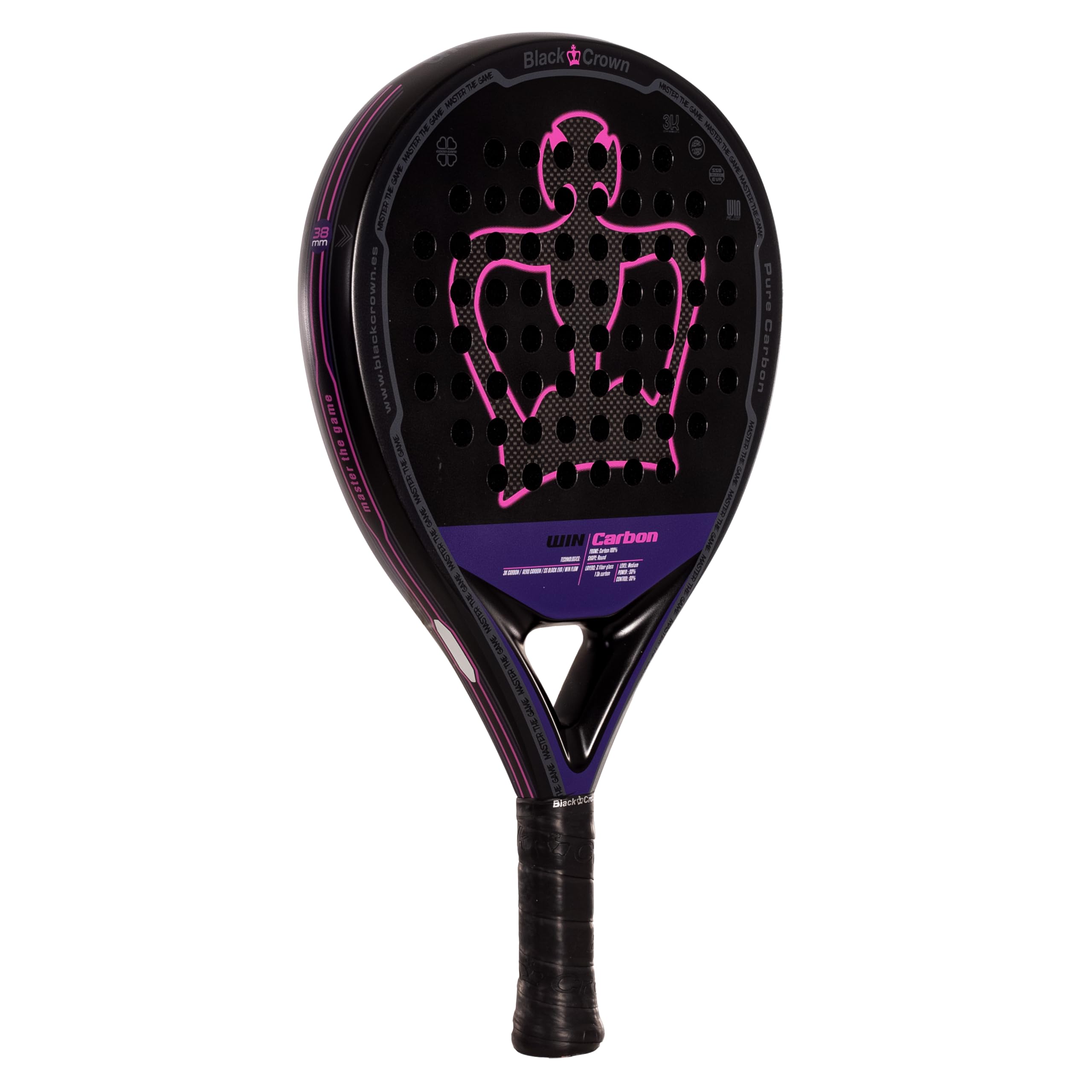 Black Crown - Win Carbon forma rotonda, gomma Super Soft EVA, doppio tubolare carbonio 100%, carbonio 3K, ampio sweet spot, morbidezza e comfort.