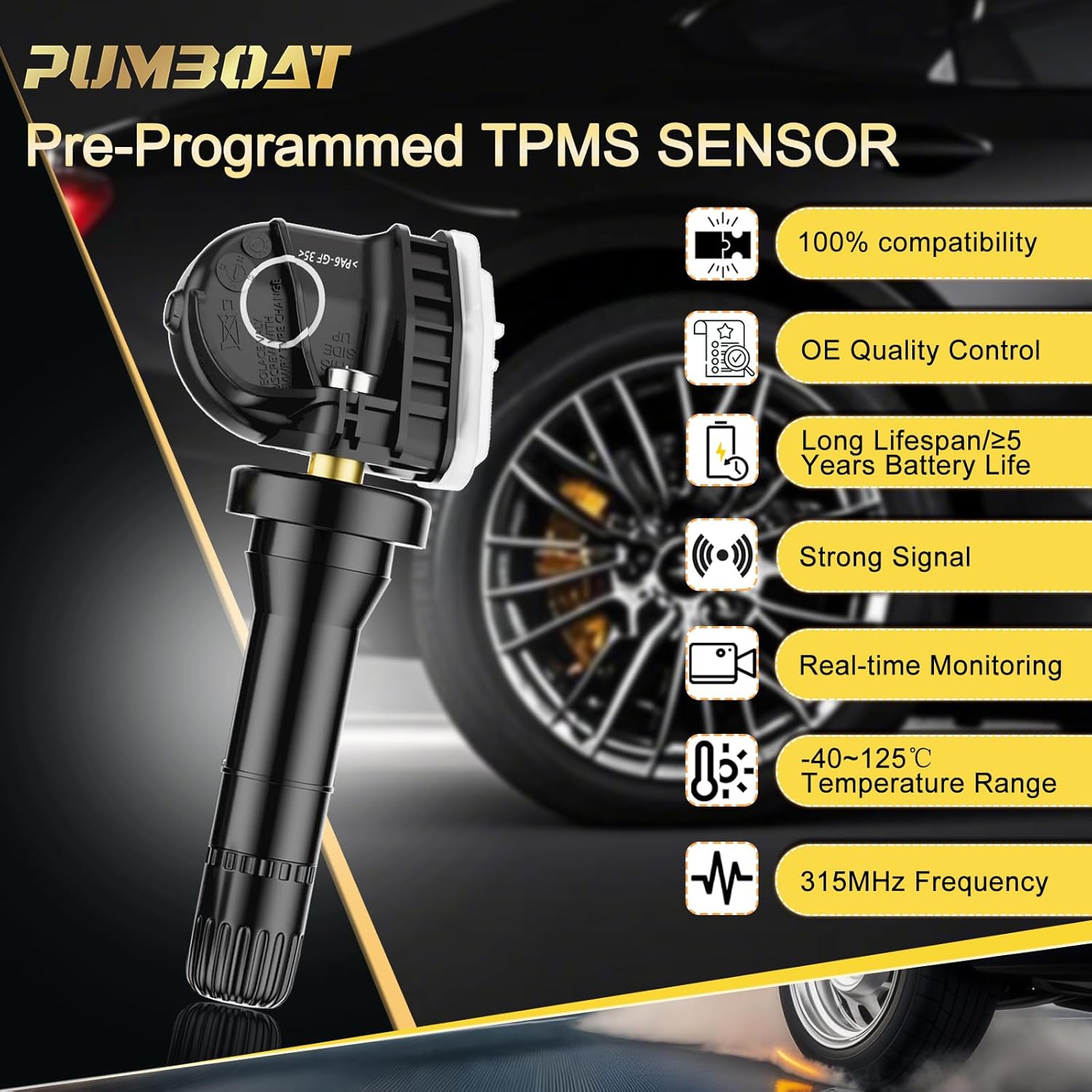 TPMS 315MHz Pre-Programmed Tire Pressure Monitoring Sensor Fit:-Ford Explorer (15-21)|Mustang (15-23)|Edge (15-24)/-Precision Fit for Your American Classic/OE#F2GZ1A189A (4 PCS)