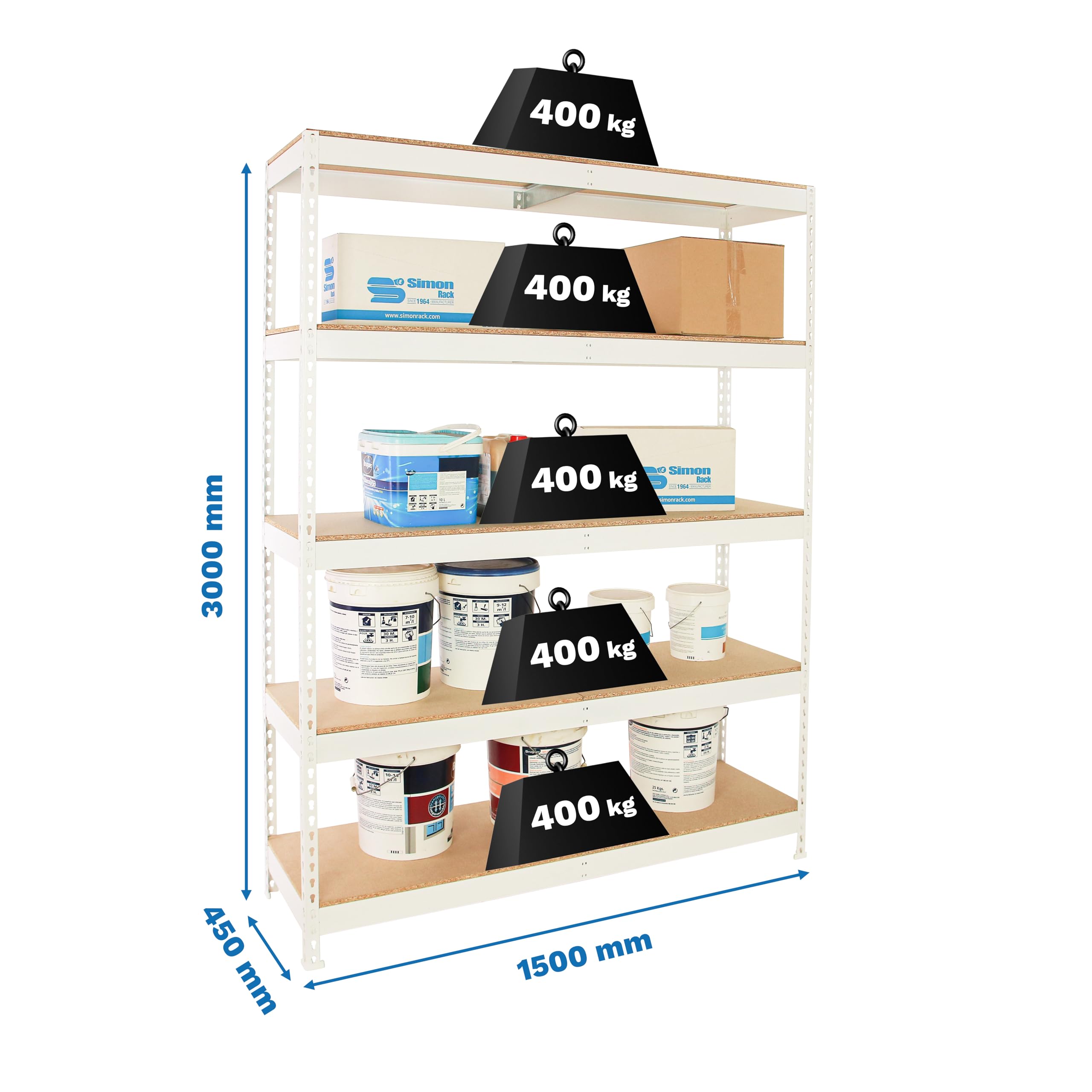 PROREGAL Schwerlastregal EXTREM Wood YETI Five | HxBxT 300x150x45cm | Fachlast 400kg | Weiß Standregal Werkstattregal Lagerregal Kellerregal