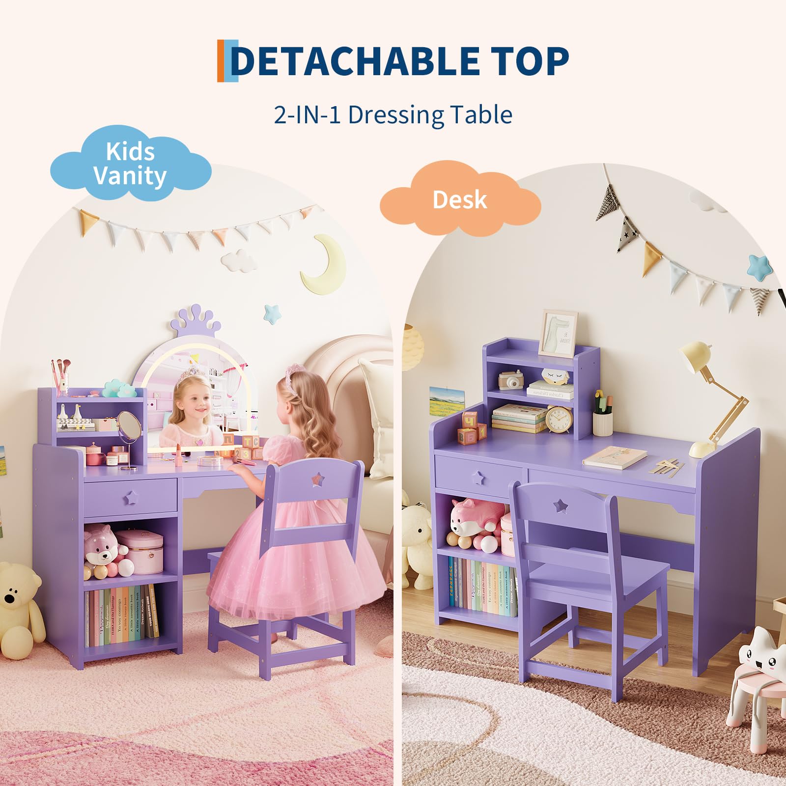 Zstar 3-in-1 Kinder Schminktisch Set, Schminkkommode Mit LED-Leuchten | Offenes Bücherregal&Aufbewahrung, Frisiertisch Für Mädchenzimmer, Ink. Hocker&Spiegel