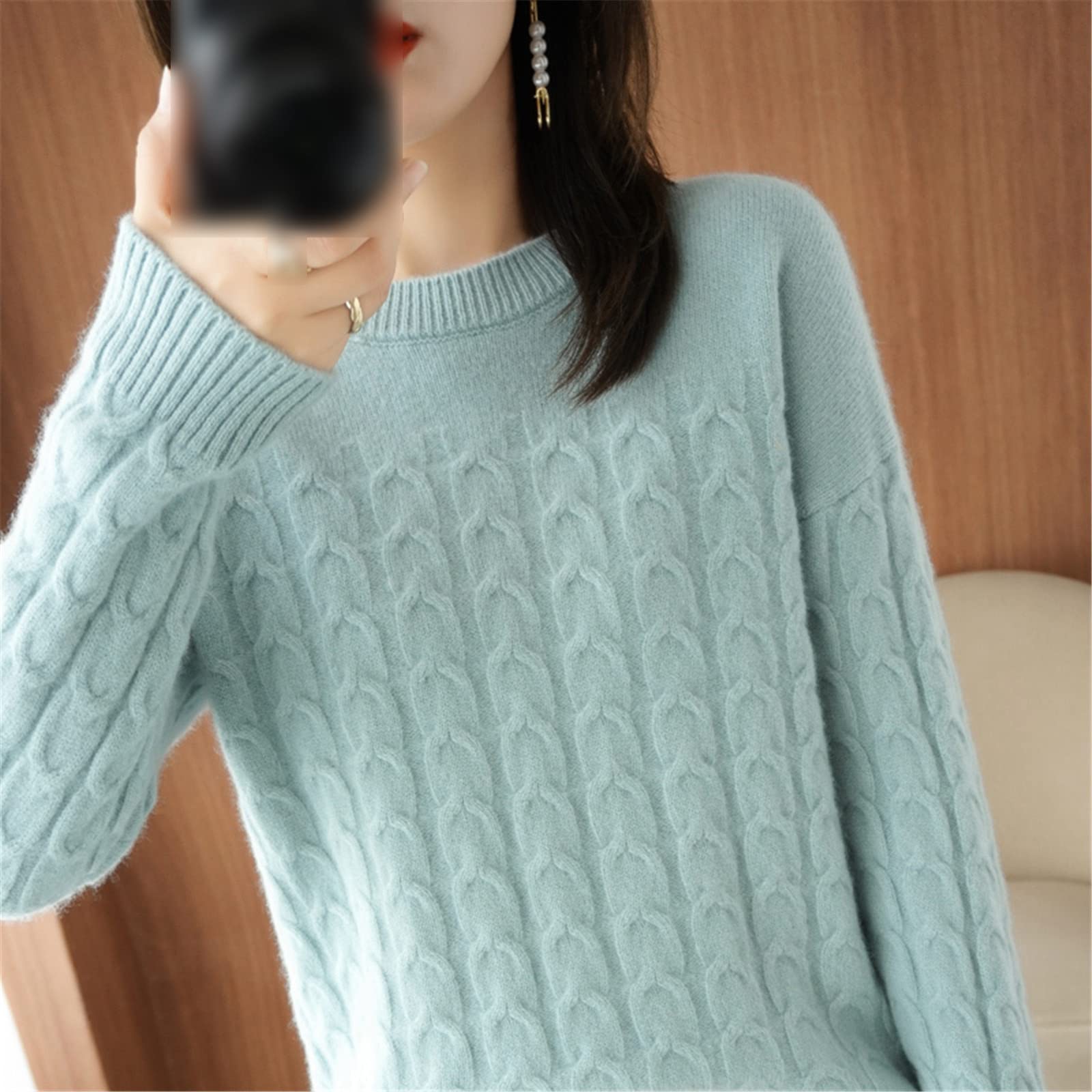 100% lana suéter de cachemira otoño invierno mujer O cuello jersey casual punto top chaqueta de manga larga, blanco, L