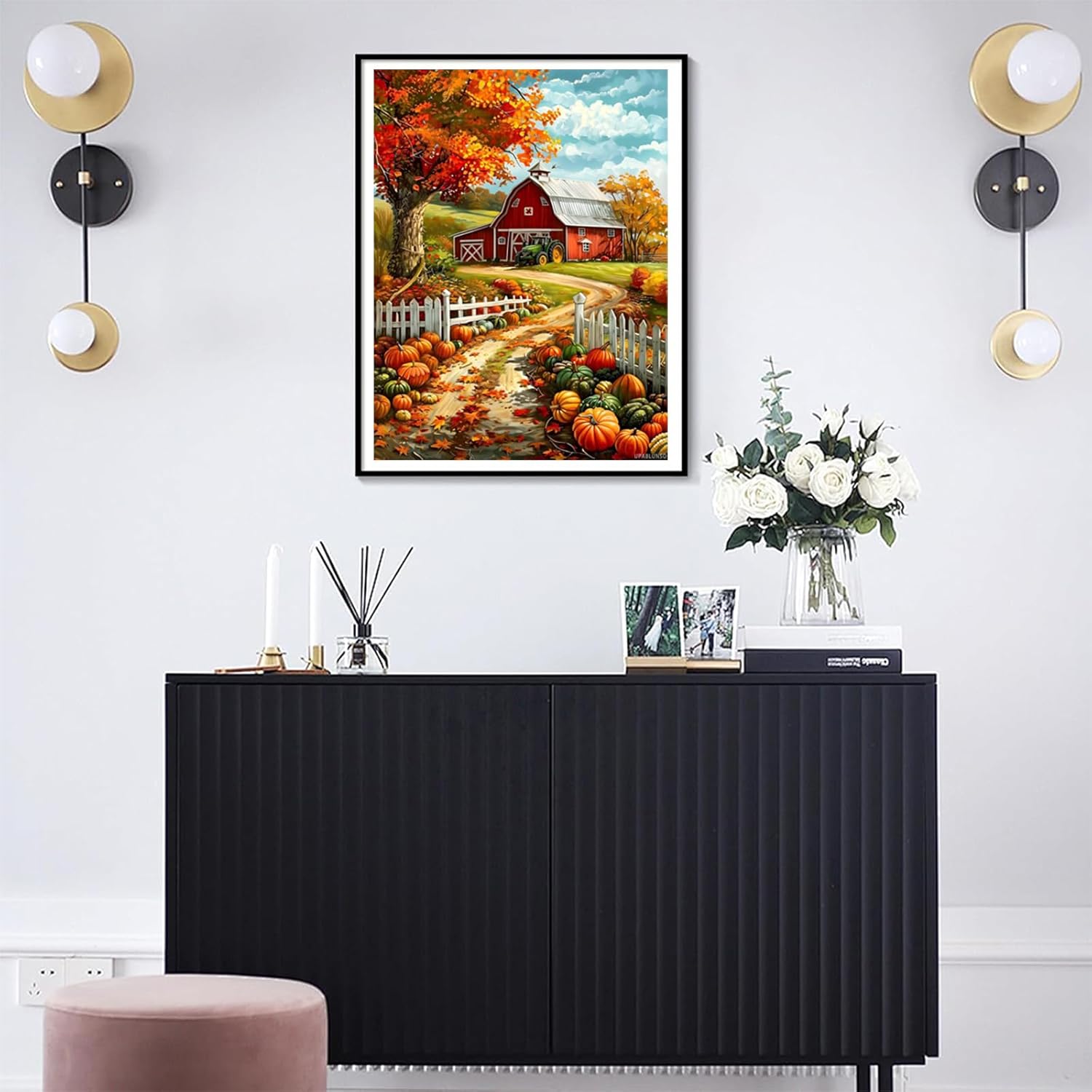 UPABLUNSO Fall Diamond Painting Kits Old Red Barn Pumpkins Diamond Art Autumn 5D Full Drill with Diamonds DIY Harvest Gem Art and Crafts for Thanksgiving Decor 12x16inch