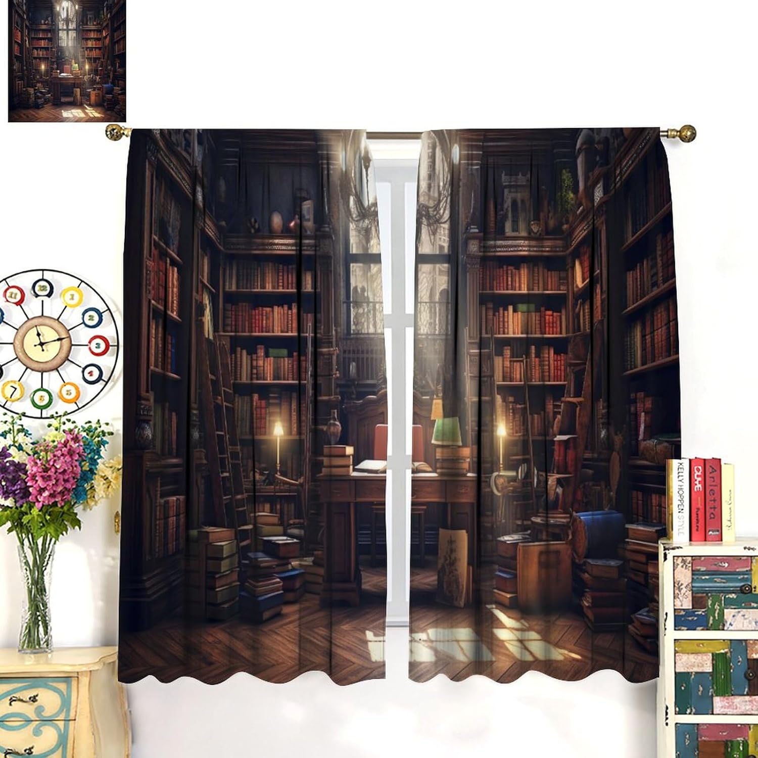 Bookshelf Blackout Curtains, Retro Books Library Bookcase Pattern Window Rod Pocket Thermal Insulated Curtain for Bedroom Living Room Home Office Home Decor Drapes 42x45in