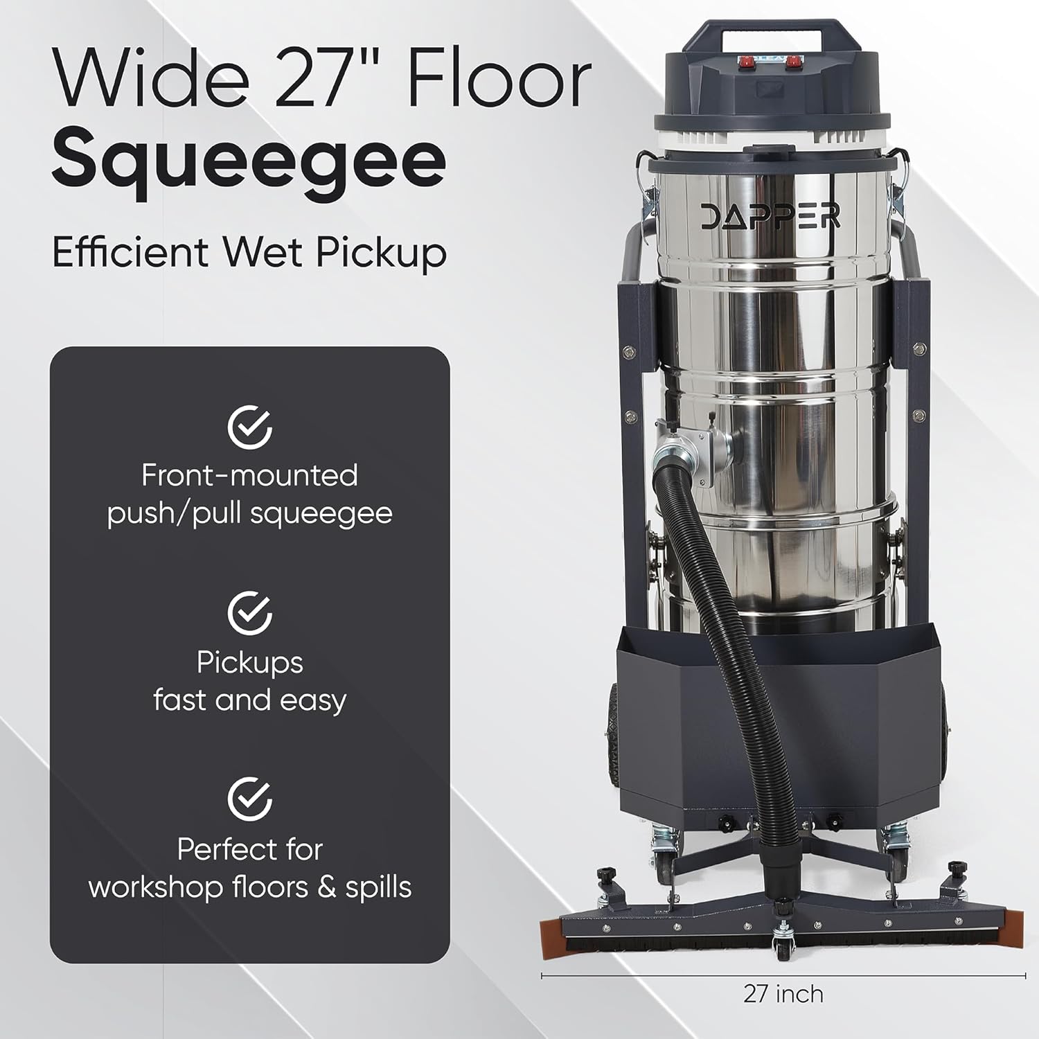 26.5 Gallon Heavy-Duty Industrial Wet/Dry Vacuum, Dual Motor, 3.3 HP, 222 CFM, 27" Squeegee, 120V/20A Plug, 2 Year Warranty - Ideal for Construction Sites, Warehouses & Industrial Cleanup