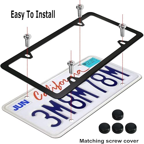 Miniatura 5 de Marcos de matrícula negro mate, marcos de aluminio delanteros y traseros para hombres y mujeres, 2 unidades de 4 agujeros delgados con accesorios de