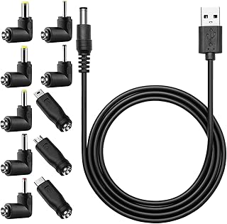 DC 5V Power Cord, USB to DC 5.5x2.1mm Plug Charging Cable with 10 Connector Tips(5.5x2.5, 4.8x1.7, 4.0x1.7, 4.0x1.35, 3.5x1.35, 3.0x1.1, 2.5x0.7, Micro USB, Type-C, Mini USB)
