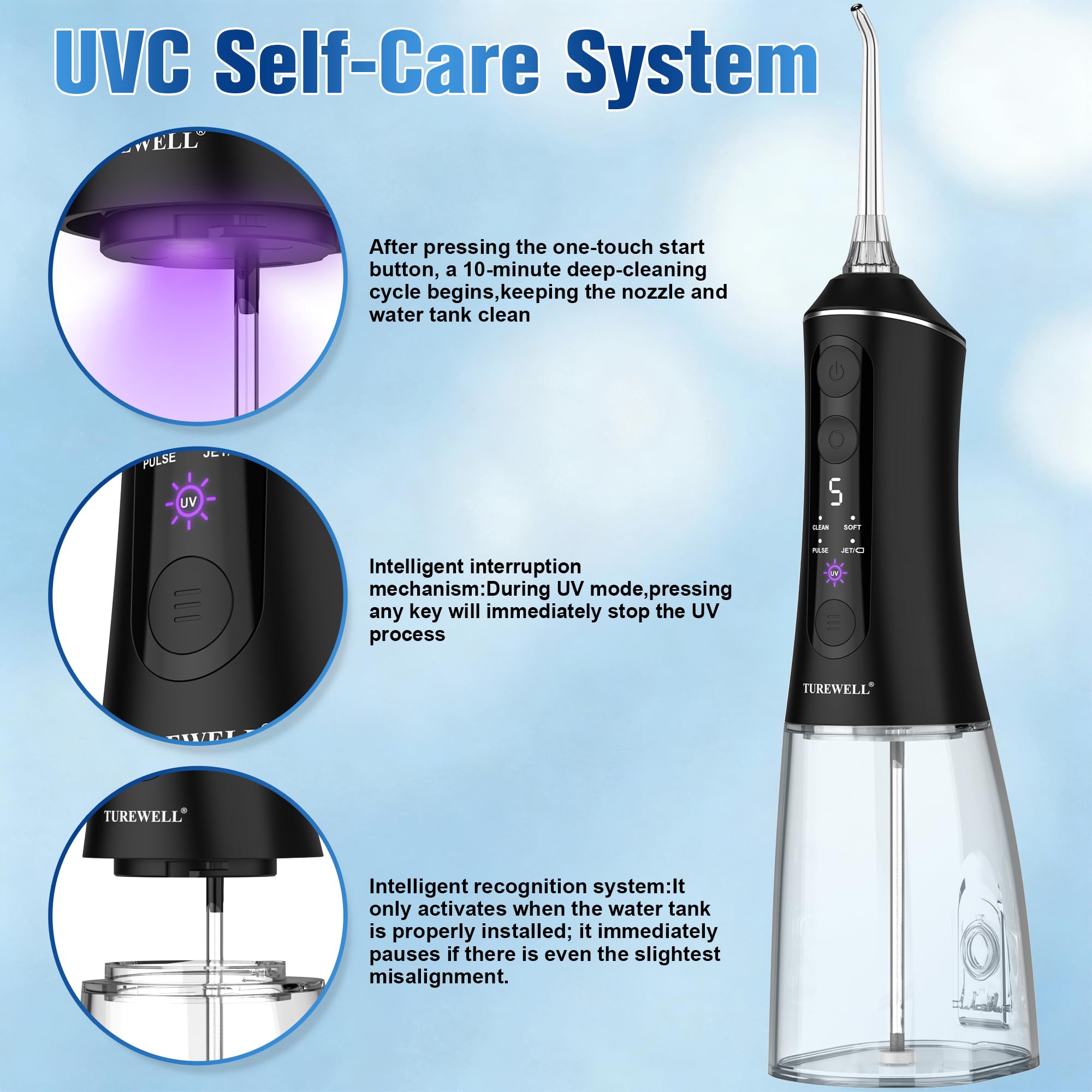 TUREWELL Idropulsore Dentale con Modalità UV, Irrigatore Orale Portatile | Serbatoio UVC 2 in 1, regolazione 5 livelli, impermeabile IPX7, batteria fino a 40 giorni, serbatoio 300 ml