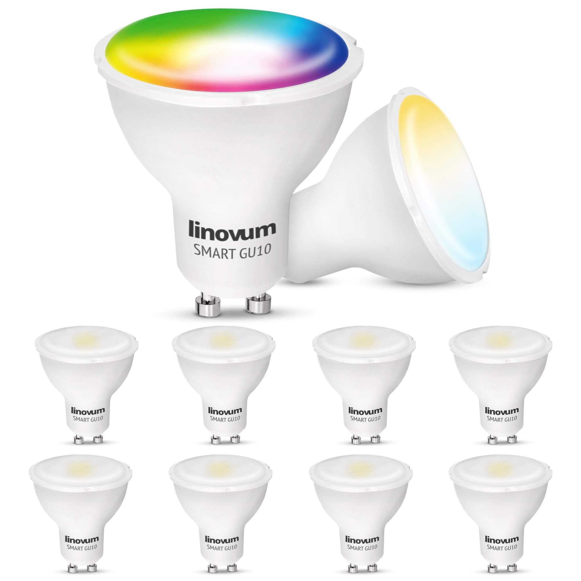 linovum Smart LED GU10 Lampe 5W RGBW WLAN dimmbar Alexa Google Wifi | Smarte GU10 Lampe mit RGB & Weißtönen - per App & Sprache steuerbar, warmweiß bis kaltweiß, 380 Lumen, 5W, ohne Bridge