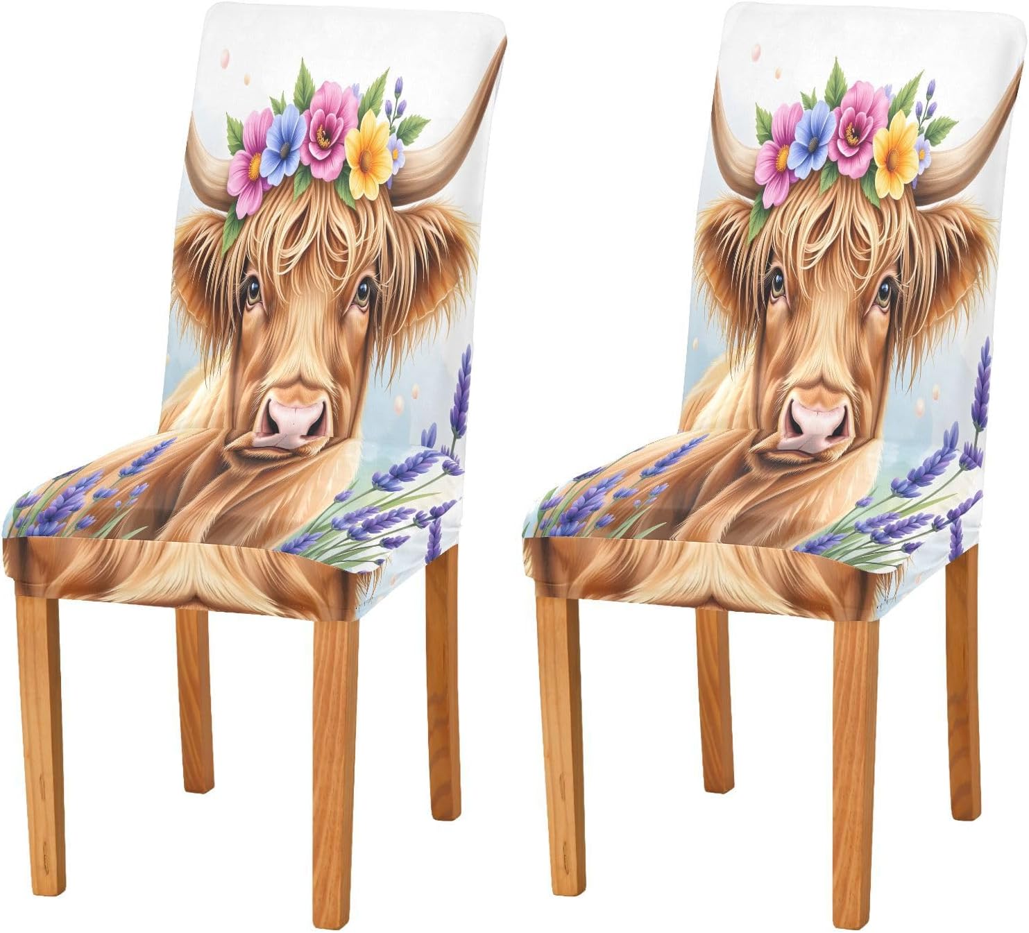 ALAZA Chair Covers for Dining Room, Lavender Highland Cattle Stretch Chair Cover Sets Chair Protector Removable Washable for Ktichen Restaurant Hotel