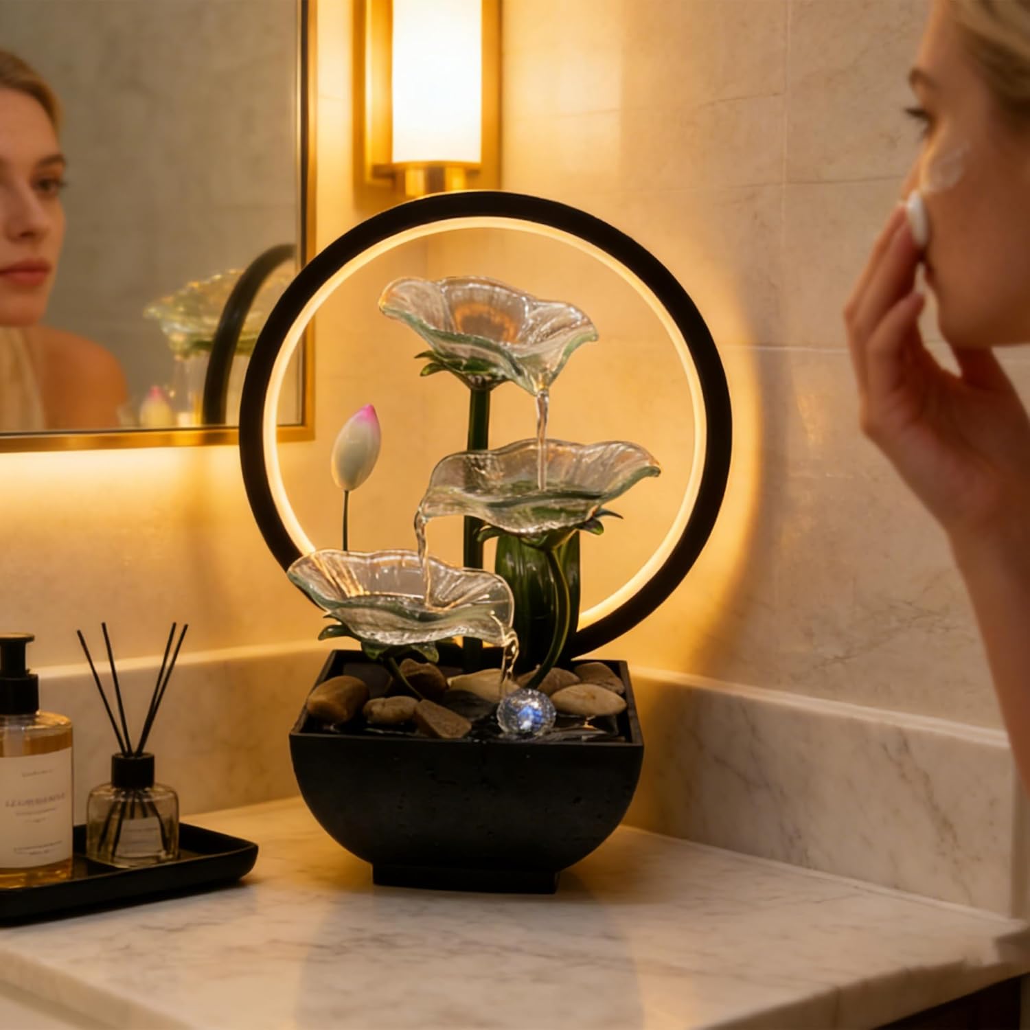 AOZITA Tabletop Water Fountain,3-Tier Transparent Glass Lotus Leaf Zen Fountain,Indoor Water Feature with Lotus Bud & LED Ring Light & Bead for Home Office Decor,Relaxing Water Sound,Feng Shui Decor