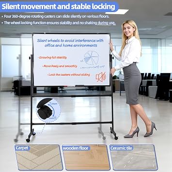 Rolling Whiteboard 28 W x 40 H, Double-Sided Magnetic Dry Erase Board with Stand, Height Adjustable 40 to 75, Portable Easel for Office, Classroom, Home (Silver)