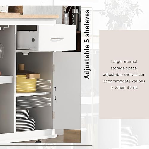 Miniatura 7 de Livavege Carrito de cocina multiusos con gabinete de almacenamiento, cajón, estante ajustable y gancho lateral, isla de cocina rodante sobre 5
