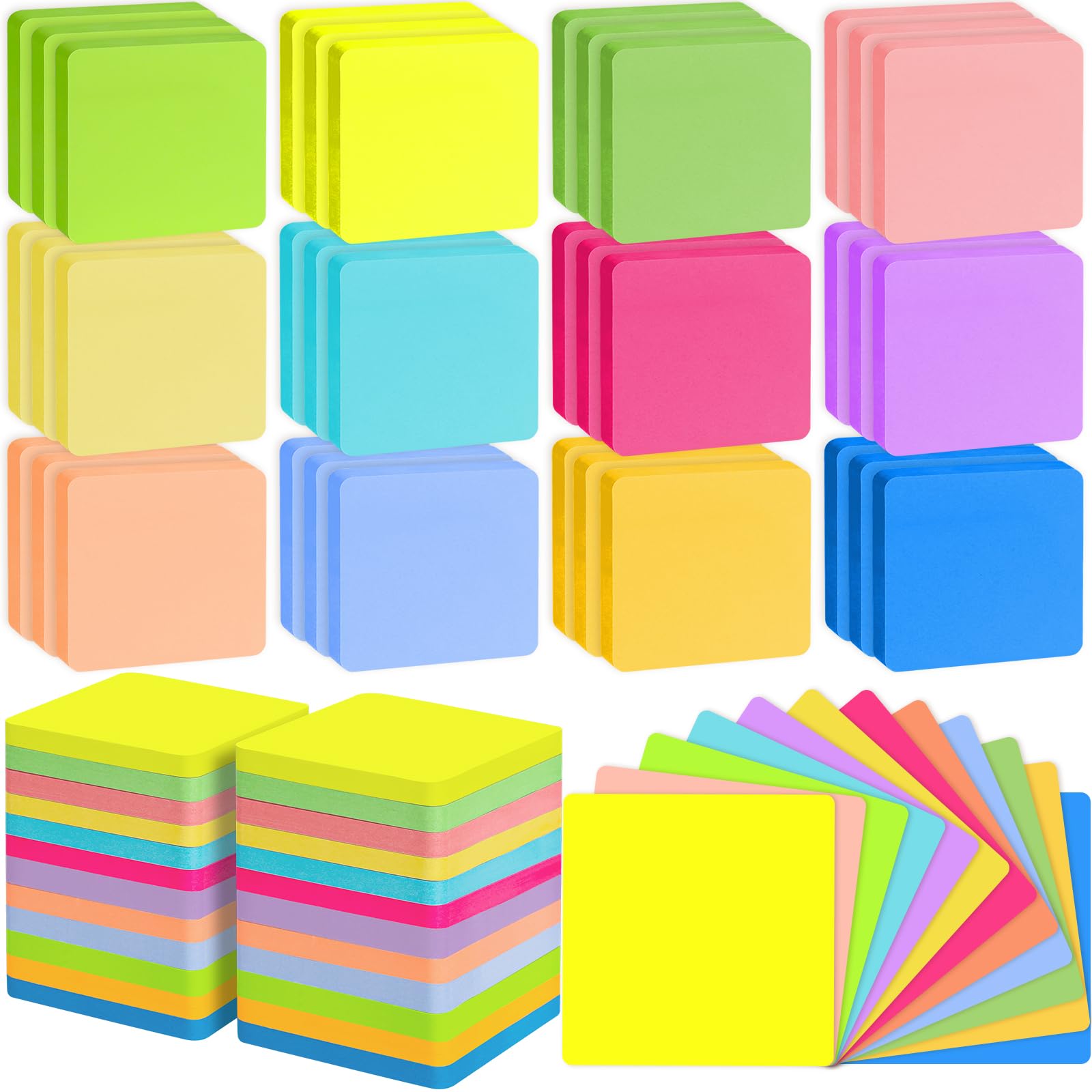 60 blocchetti di foglietti adesivi rotondi con angoli da 7,6 x 7,6 cm, 12 colori vivaci autoadesivi, resistenti blocchi per appunti, 75 fogli/pad, blocco note colorato, facile da pubblicare per casa