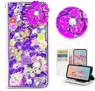 STENES Bling Wallet Phone Case Compatible with OnePlus Nord N100 Case - Stylish - 3D Handmade Rose Butterfly Flowers Floral Magnetic Wallet Stand Leather Cover Case - Purple
