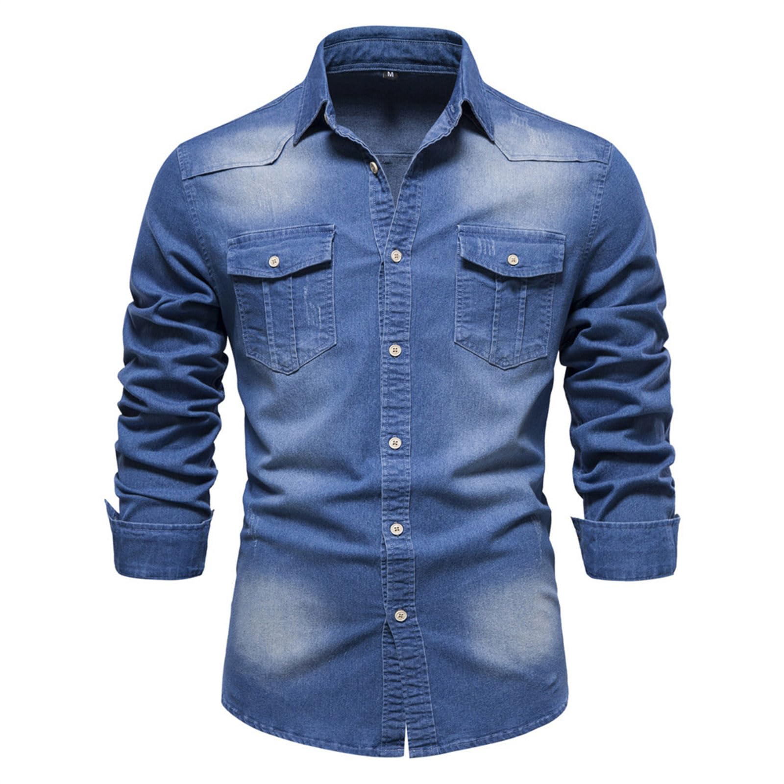 HOTIAN Camisa Vaquera de Manga Larga para Hombre, Ocio y Negocios, Regular, Entallada, Azul Medio, L