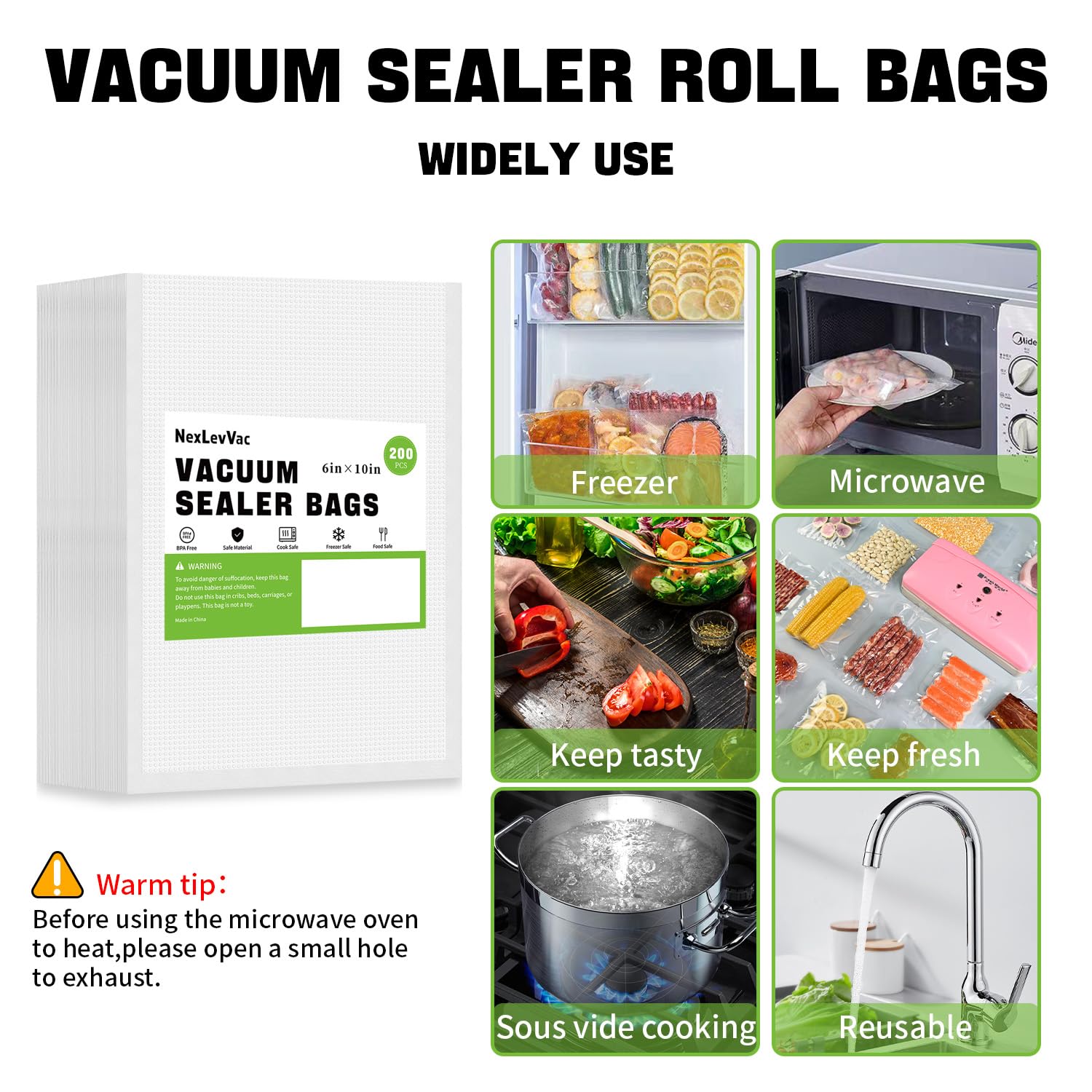 Bolsas selladoras al vacío de 200 cuartos de galón, 8 x 12 pulgadas para sellar una comida, bolsas de sellado precortadas resistentes de grado comercial, prevención de pinchazos, bolsas de