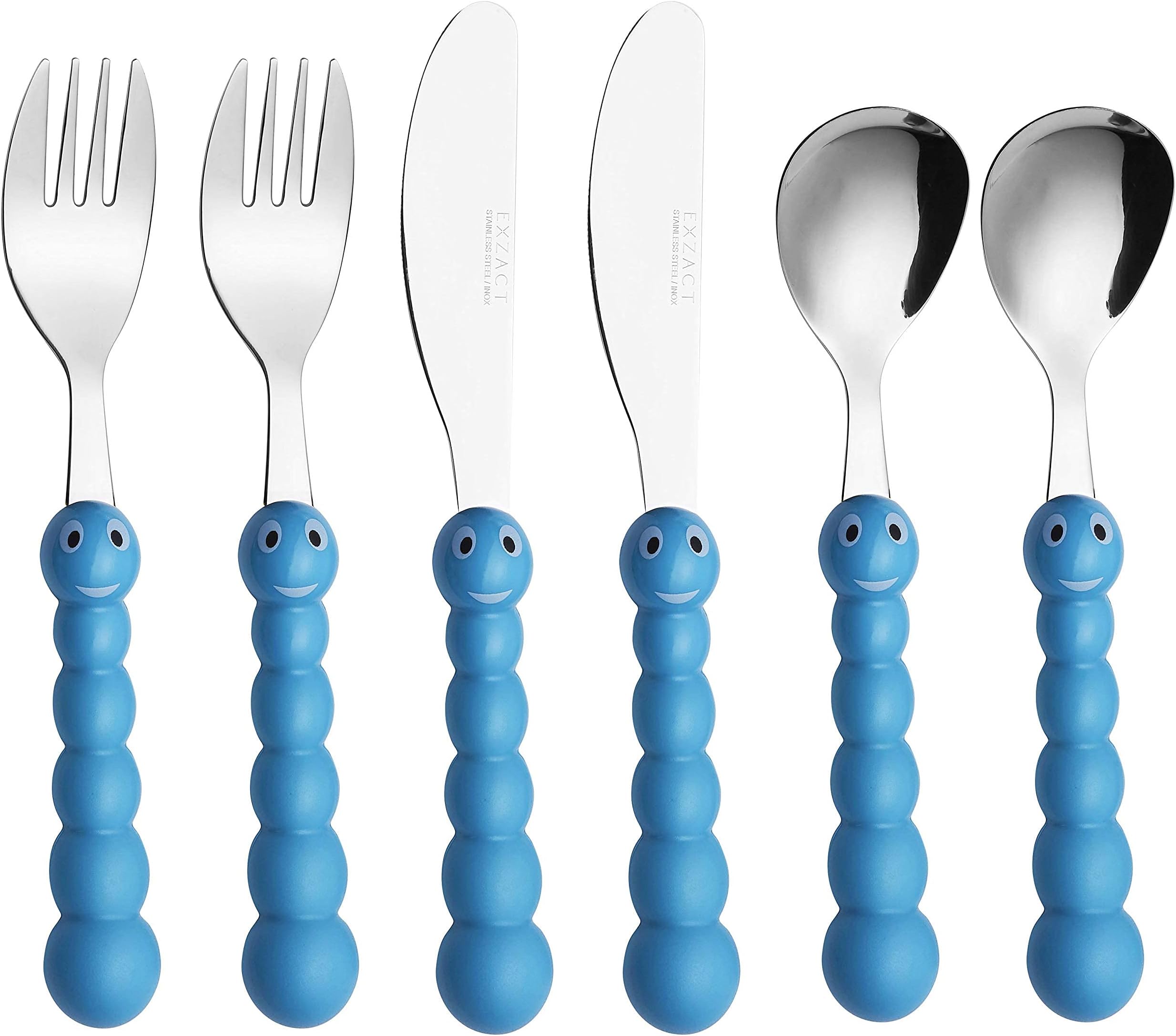 Exzact Children Cutlery 6pcs Stainless Steel, Kids Toddler Silverware- 2 x Forks, 2 x Dinner Knives, 2 x Dinner Spoons - BPA Free, Dishwasher Safe (Caterpillar x 6)