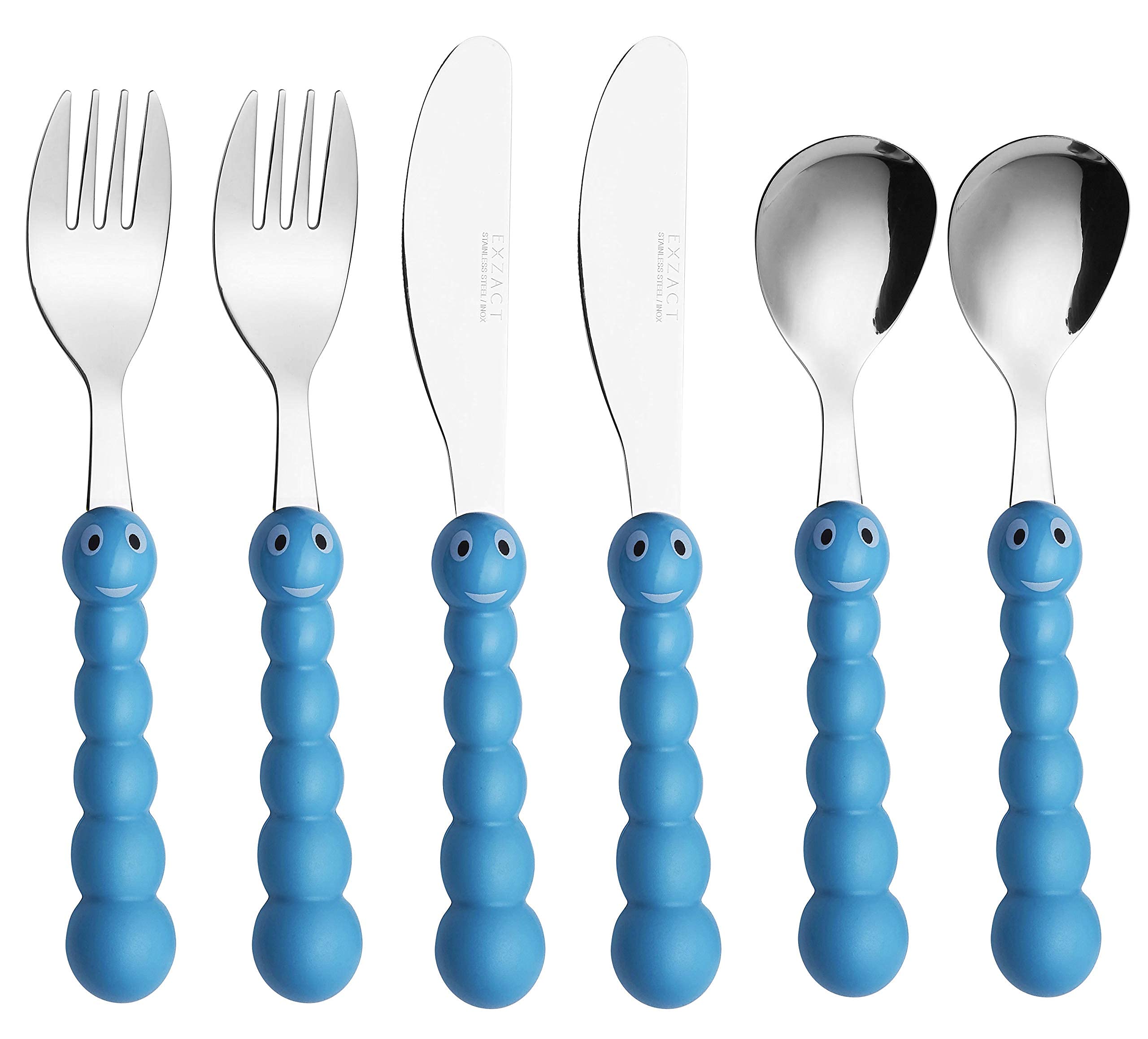 Exzact Caterpillar X 6 Children Cutlery 6Pcs Stainless Steel, Kids Toddler Silverware- 2 X Forks, 2 X Dinner Knives, 2 X Dinner Spoons - Bpa Free, Dishwasher Safe (Caterpillar X 6)