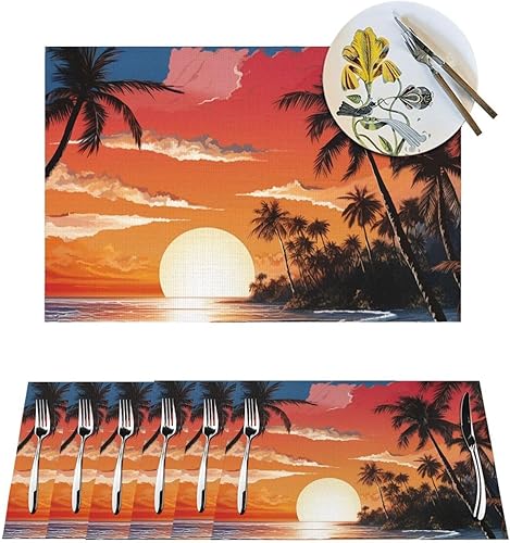 6 PCS PVC Placemats Set Place Mats Palm Trees and Sunset Non-Slip Weave Place Mats 12" x 18" Farmhouse Table Mat Set for Family Dinners Wedding