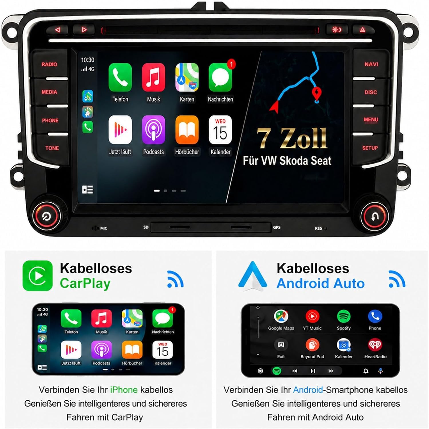 8GO+128GO 8-Core Android 16 Autoradio Bluetooth pour VW T5 Caddy Sharan Polo 6R Tiguan Golf 5 6 Passat, 7" 2DIN DVD Radio IPS Écran Tactile GPS sans Fil CarPlay Android Auto Dab+ FM DSP WiFi 4G Canbus