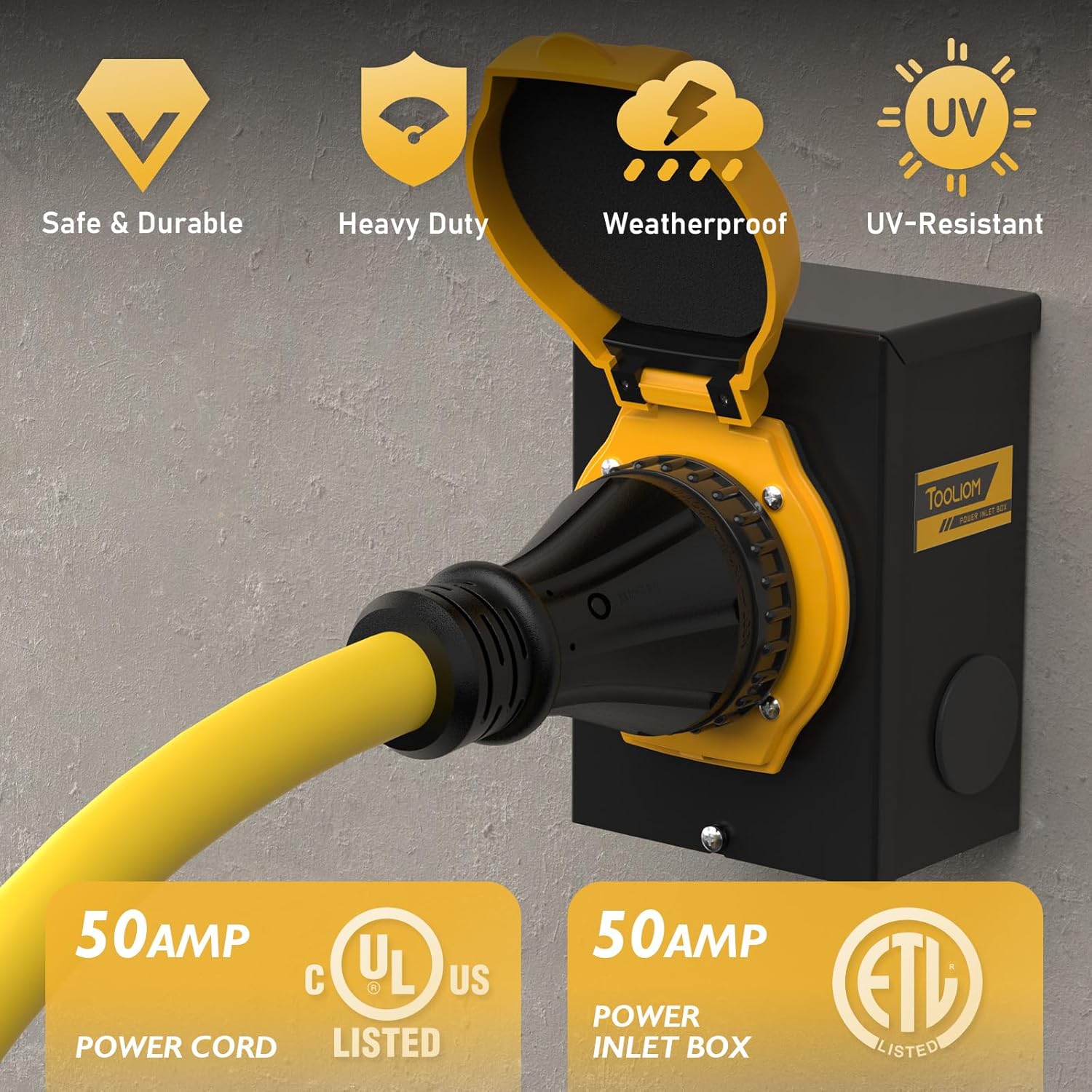 TOOLIOM 50 Amp Generator Cord 50FT and 50 Amp Generator Inlet Box, NEMA 14-50P/SS2-50R Twist Lock, 125/250V 12500W 6/3+8/1 AWG SJTW Generator Power Cord, Pre-Drilled Generator Inlet Box, UL&ETL Listed