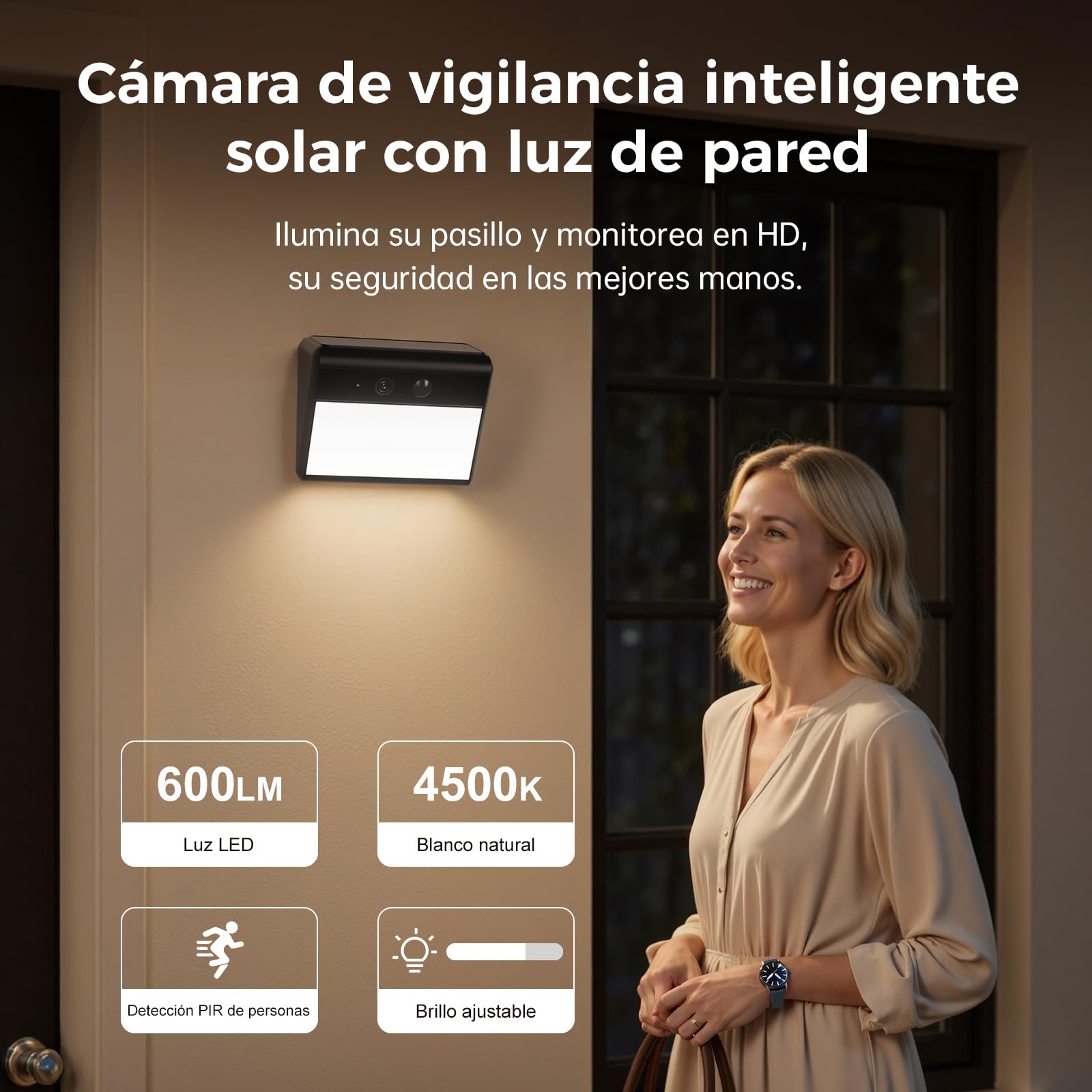 WOOX Camara Vigilancia Exterior Solar con Luz de Pared, 2K Camaras de Vigilancia WiFi sin Cables, Luz activada por Movimiento, Detección de IA para Personas/Vehículos, Visión Nocturna en Color, IP65