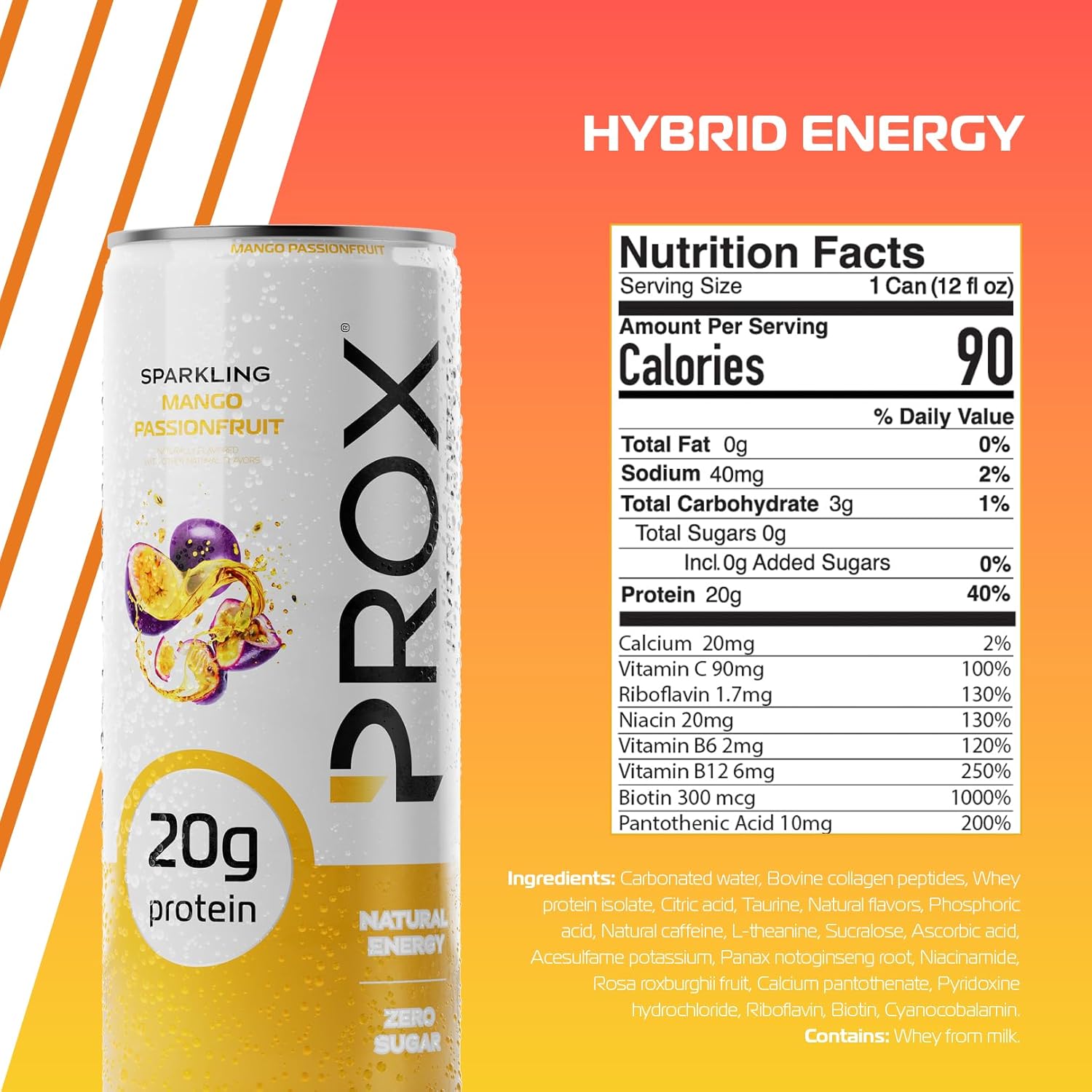 PROX Hybrid Energy Drink with 20g Protein, Zero Sugar, 200mg Natural Caffeine, 90 Calories, 12 Pack (Mango Passionfruit) - Image 2