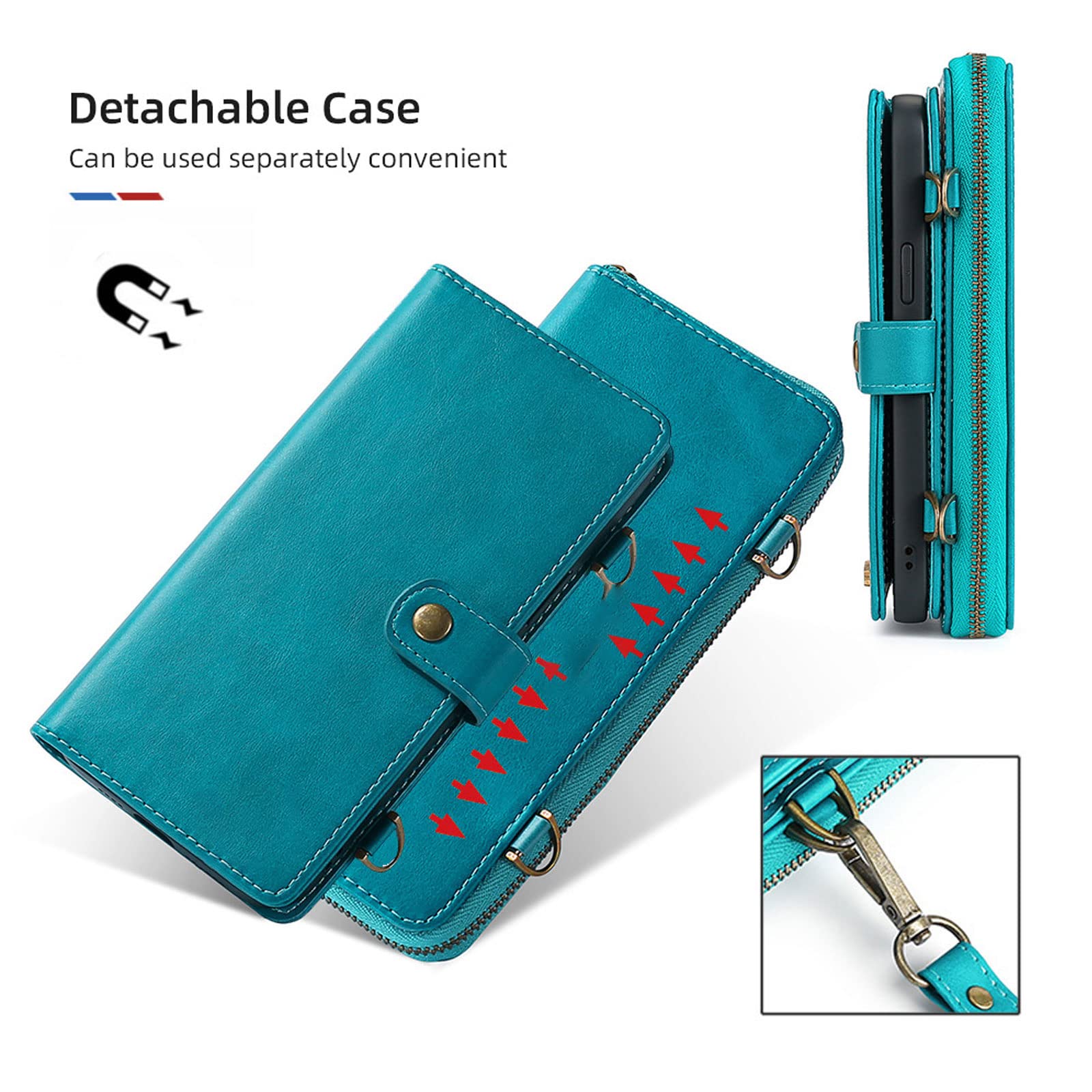 Etui do iPhone 14 / 14 Pro / 14 Plus / 14 Pro Max, z klapką, zamek błyskawiczny, etui na telefon komórkowy, przegródka na karty, magnetyczne, odporne na zarysowania, niebieskie, 35,5 cm (6,1")