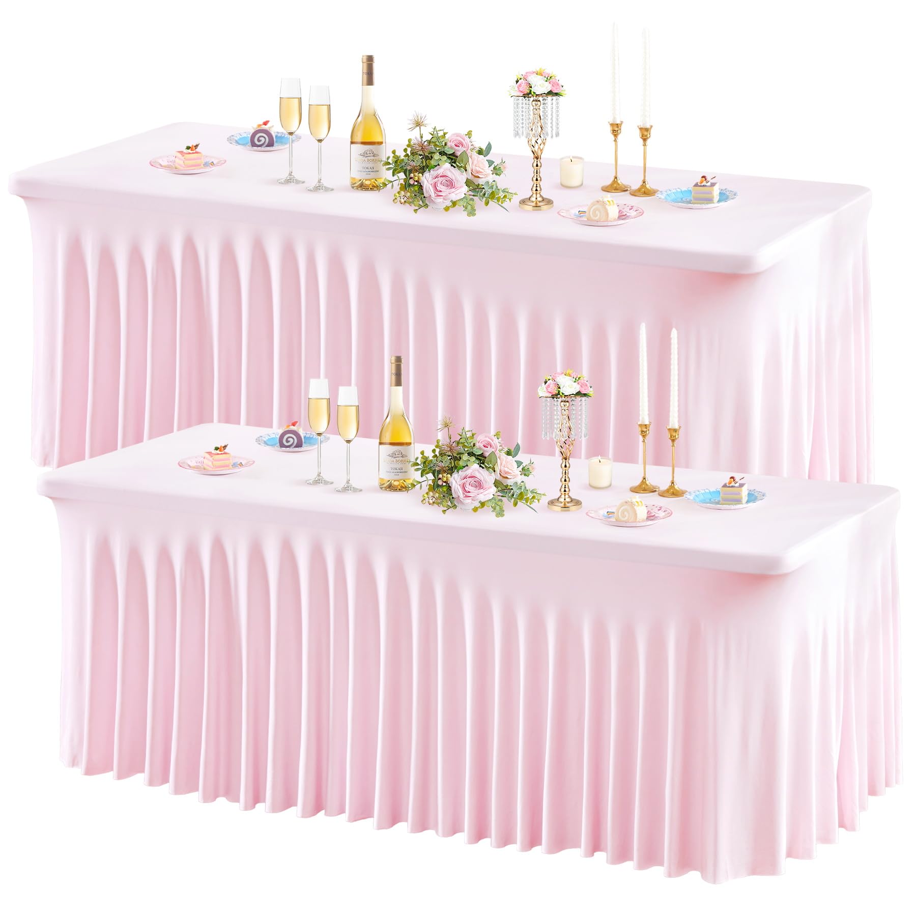 Wish Care 2 Pack Pink Spandex Table Clothes for 4 Foot Rectangle Tables, 4FT Wrinkle Free Fitted Tablecloths Ruffles Design Table Cover for Party,
