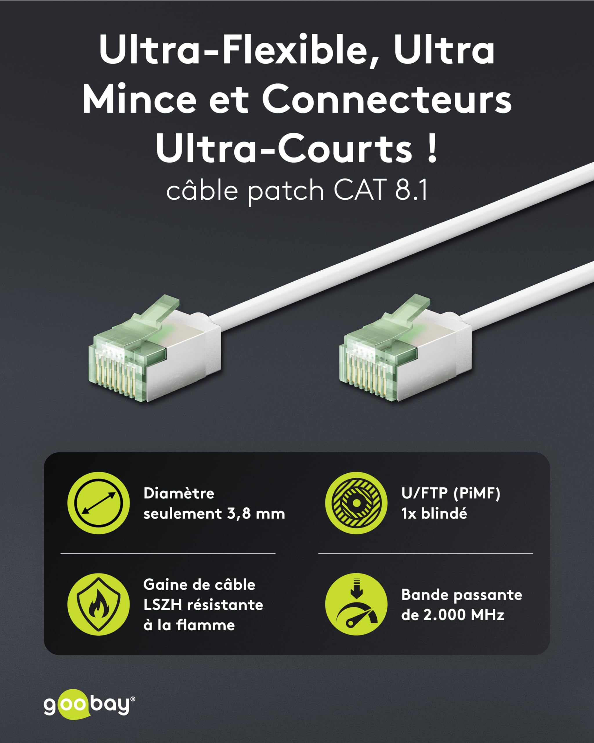 Câbles réseau goobay CAT 8.1, lot de 5 / câbles patch blindés, ultra-flexibles, câbles Ethernet U/FTP/CU, PiMF, LSZH/Cat 8.1 avec 10 Gbits/blanc / 5 x 1 m, 79466