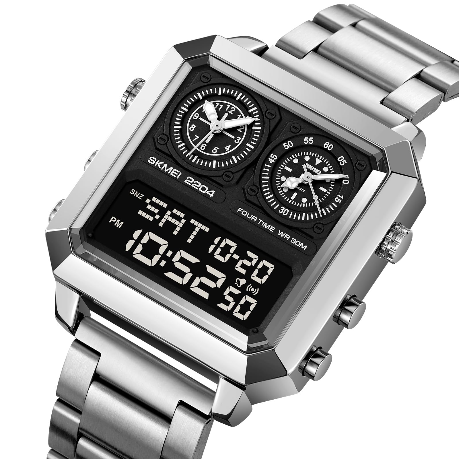 Orologio da uomo multifunzione, digitale, analogico, alla moda, casual, con luce EL, quadrante quadrato, doppio timer, conto alla rovescia, impermeabile, cinturino in acciaio inox color oro rosa
