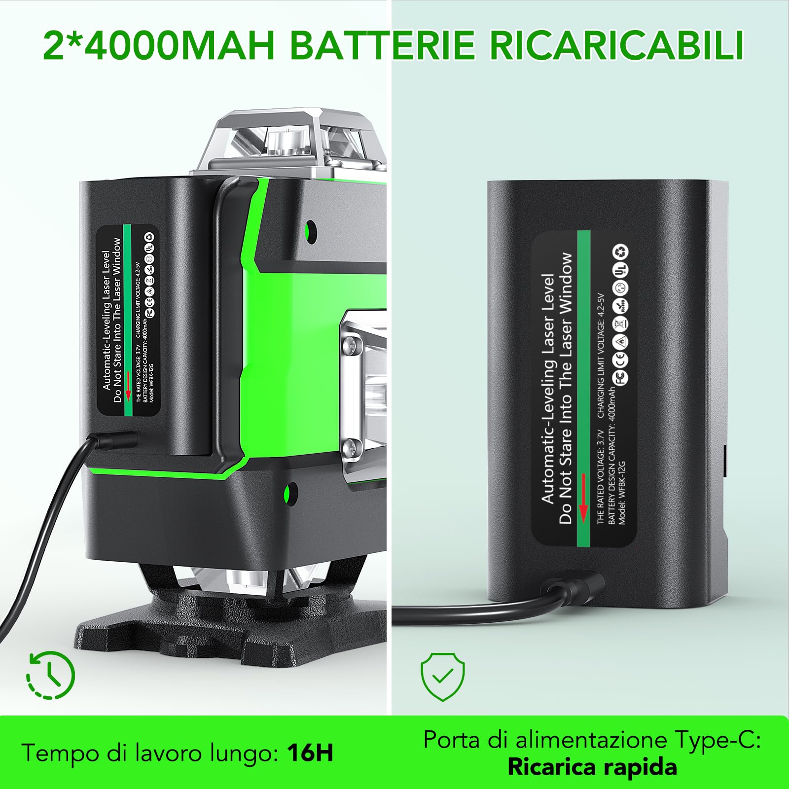 Livella Laser, FELLAT 4 x 360° Livella Laser Autolivellante 16 Linee 4D Livello Laser con 2 Batterie Ricaricabili da 4000 mAh, Telecomando, Base di Sollevamento, Supporto Magnetico Rotante