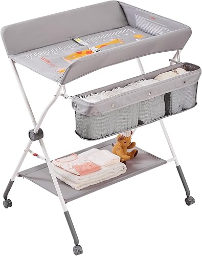 Miniatura 9 de VEVOR Cambiador de bebé, estación plegable para cambiar pañales con ruedas con bloqueo, cambiador portátil de 3 niveles de alturas ajustables, con