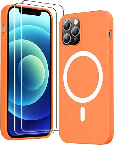 Temdan Funda de silicona líquida para iPhone 12 para iPhone 12 Pro con MagSafe, 2 protectores de pantalla de vidrio, suave antiarañazos a prueba de