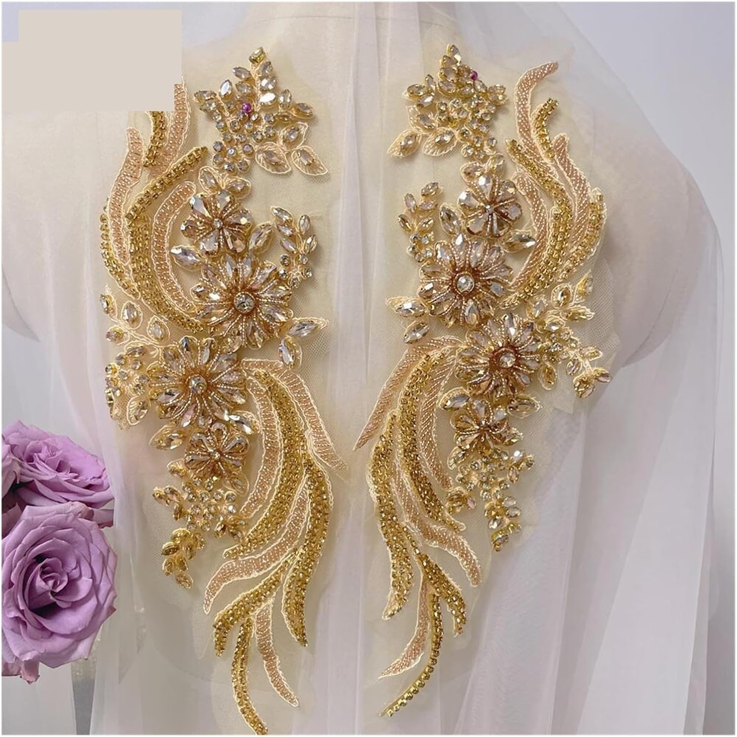 Beaded Embroidery Lace Appliques 2pc Hand-Sewed Glass Drill Mirror Flowers Sparkling Rhinestone Waistbands Shoulders(Color 16)