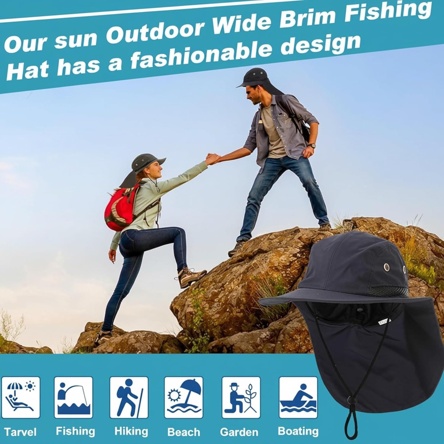 Therwen Sun Hats with Neck Flap for Men Women Unisex Hiking Safari Hat Wide Brim UV Sun Protection Cap for Outdoor