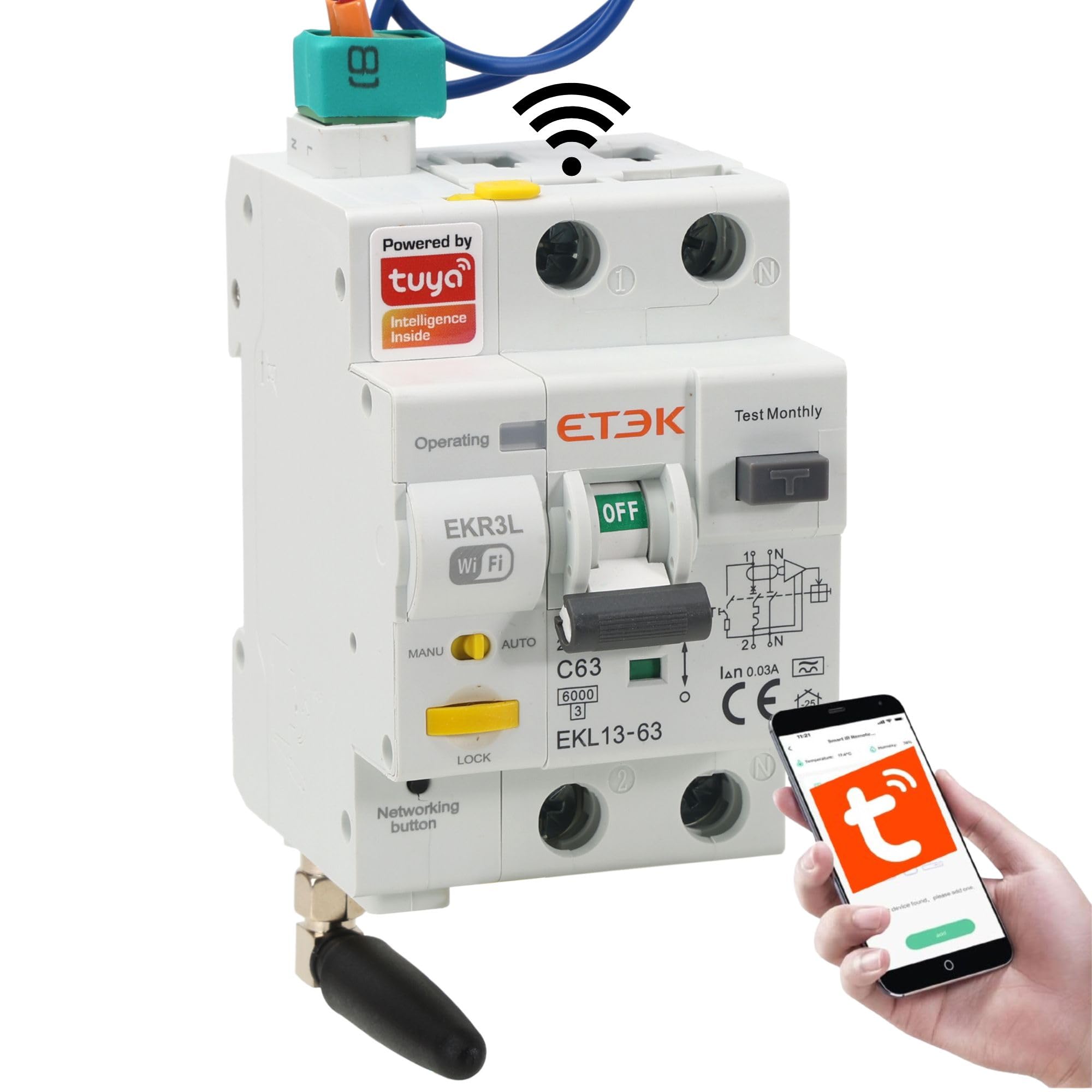 Différentiel automatique réarmable WIFI - 63 A 30 mA - RCBO avec protection contre les surintensités - Super immunisé classe A - Télécommande via Tuya App