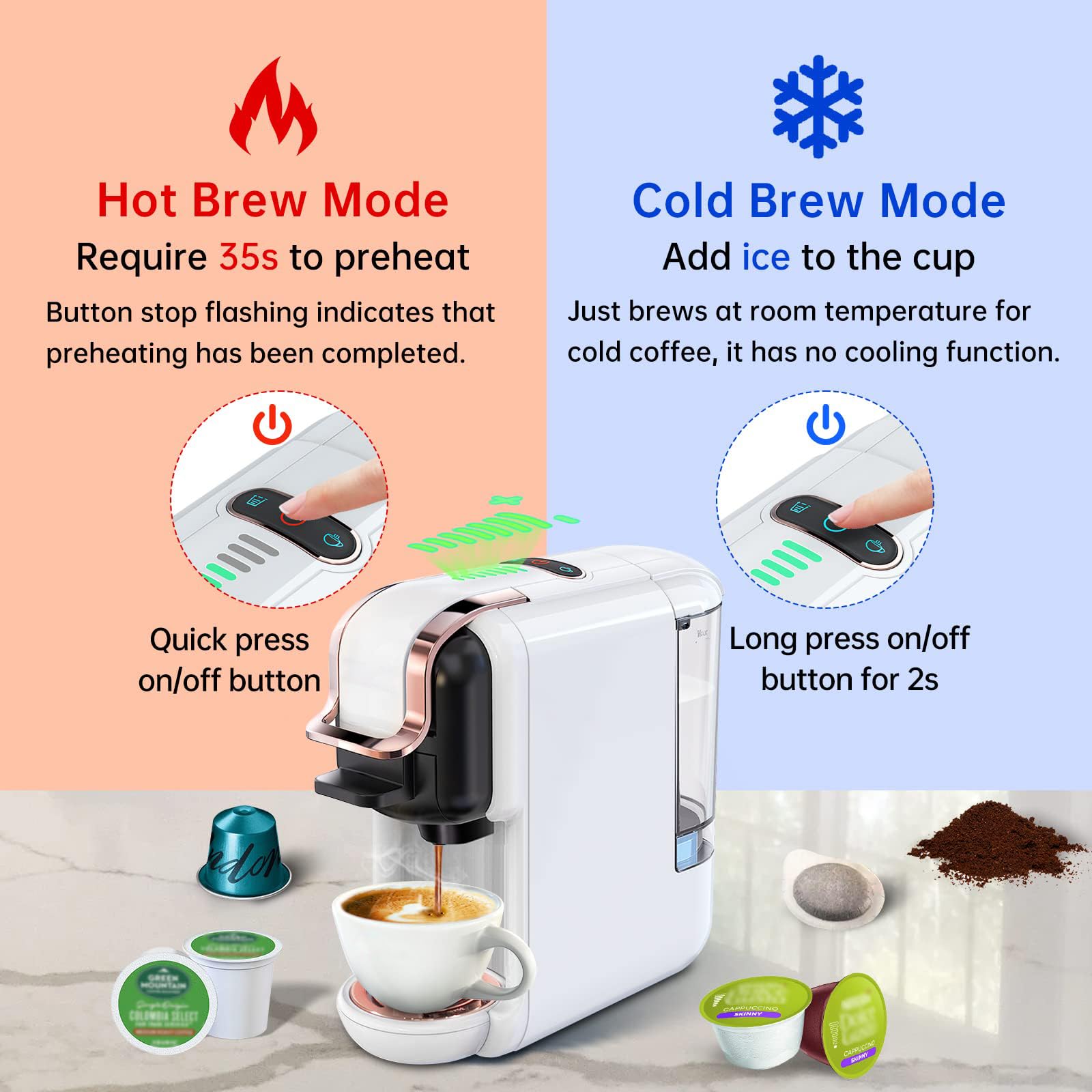 Ekspres do kawy z pojedynczą porcją, 19 barów, ekspres do kawy na kapsułki, szybkie nagrzewanie, ekspres do kawy 1450 W, na filiżanki K i espresso w proszku, białe wykończenie