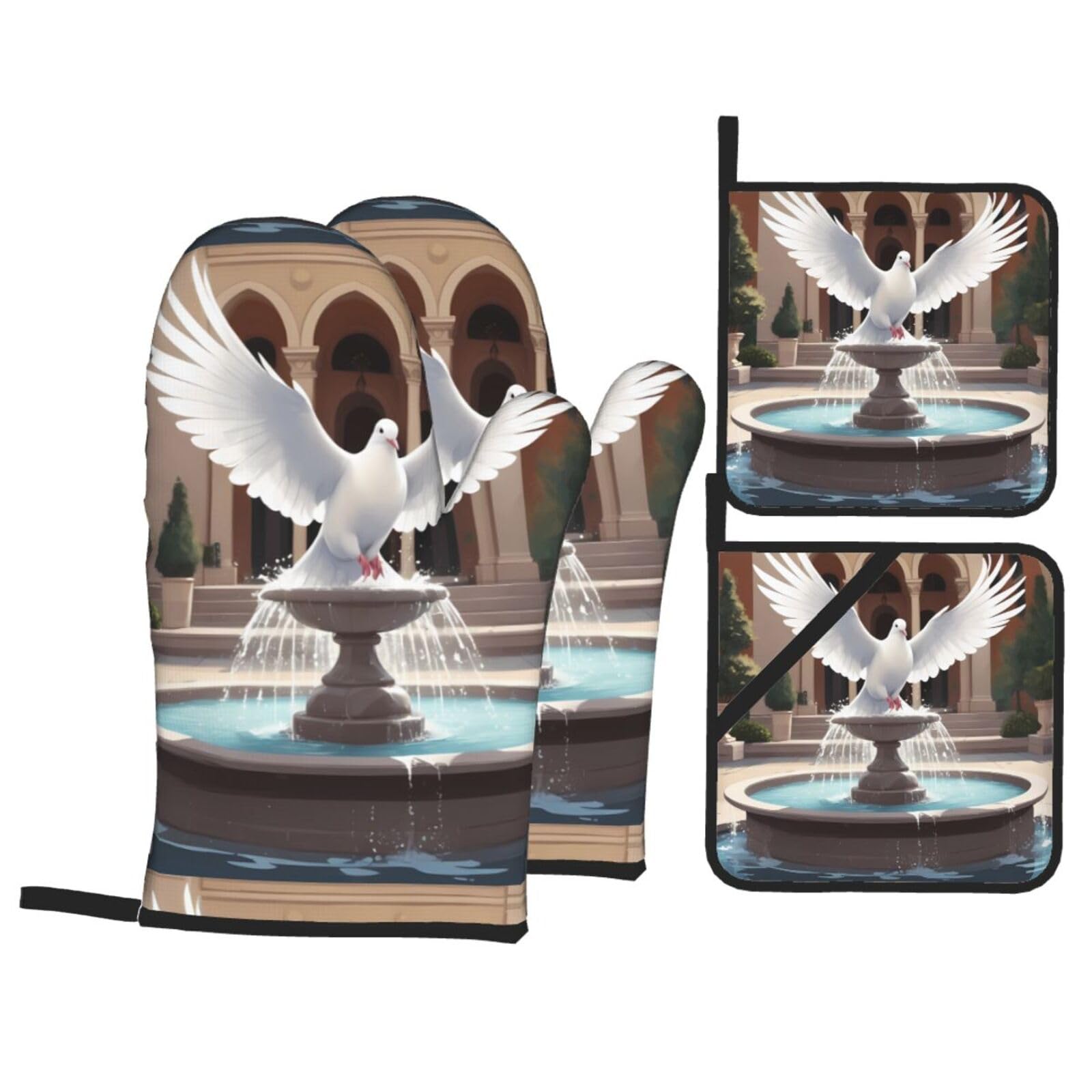 HJFCZH White Dove On The Fountain Picture Kitchen Baking Set of 4 Thick Insulated Oven Mitt & Pot Holders, Anti-Scalding for Microwave, Oven, Outdoor BBQ