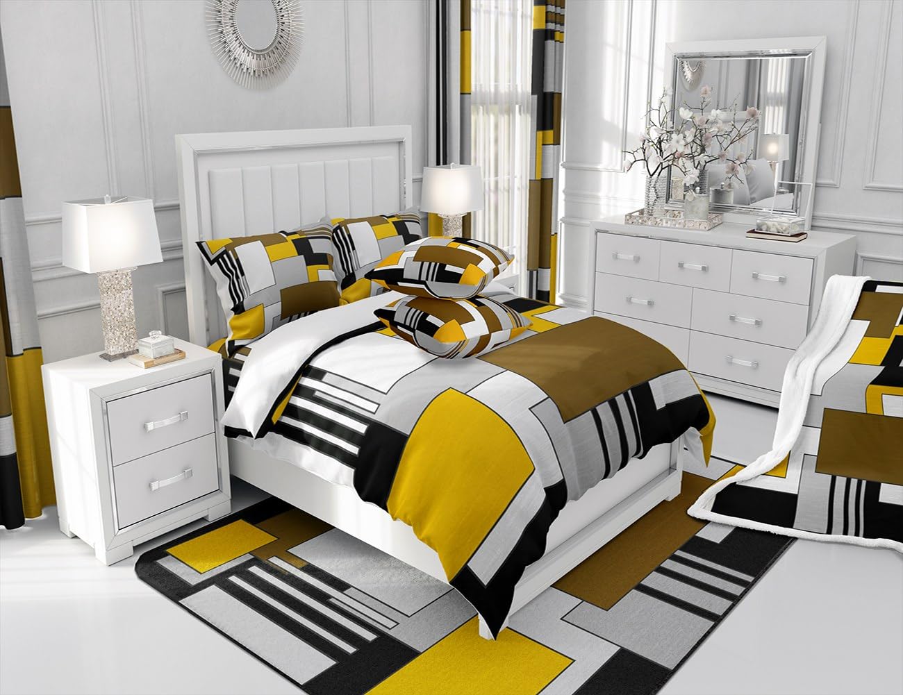 Juego de ropa de cama geométrica de color amarillo, gris y marrón, funda de edredón geométrica individual para niños y niñas, funda de edredón moderna abstracta, 100% algodón, transpirable, cuadrada,