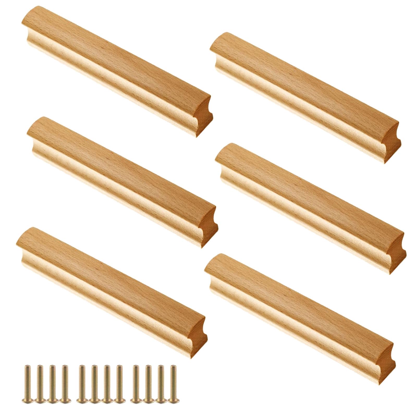 Maniglie in Legno, 6 Pezzi Pomelli Cassetti per Mobili Cucina in Legno Con 12 Viti, Interasse Fori 160 mm, per Bagni, Cucine, Armadi