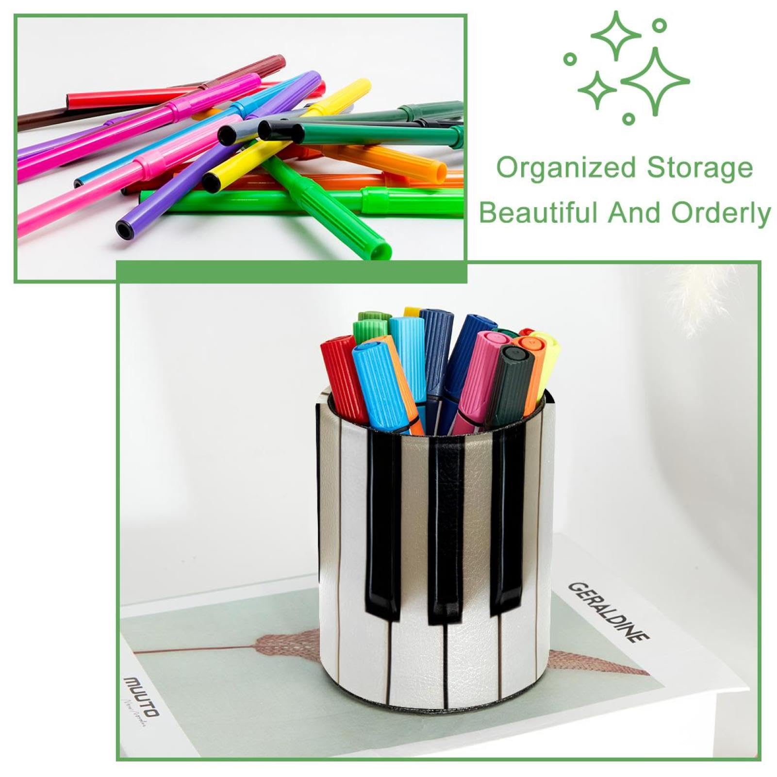 Portalápices, teclas de piano CADDY en blanco y negro - Cuero de PVC de alta calidad, cilindro compacto, organizador de escritorio multifuncional