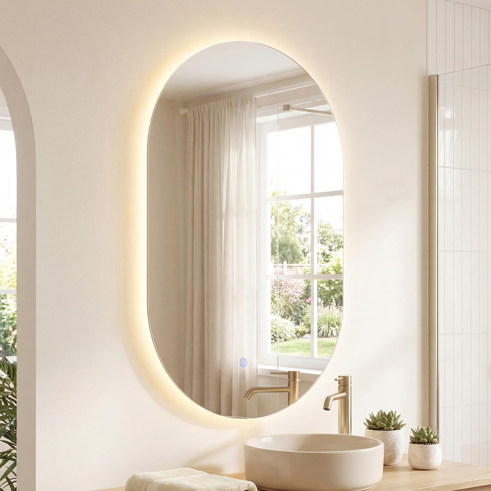 COSTWAY Specchio per Bagno con Luce 90 x 55 cm, Specchio Ovale da Parete Infrangibile con Oulsanti Touch, 3 Colori Dimmerabili, Antiappannamento e Vetro Temperato HD IP44 (90 x 55 cm, Modello 4)
